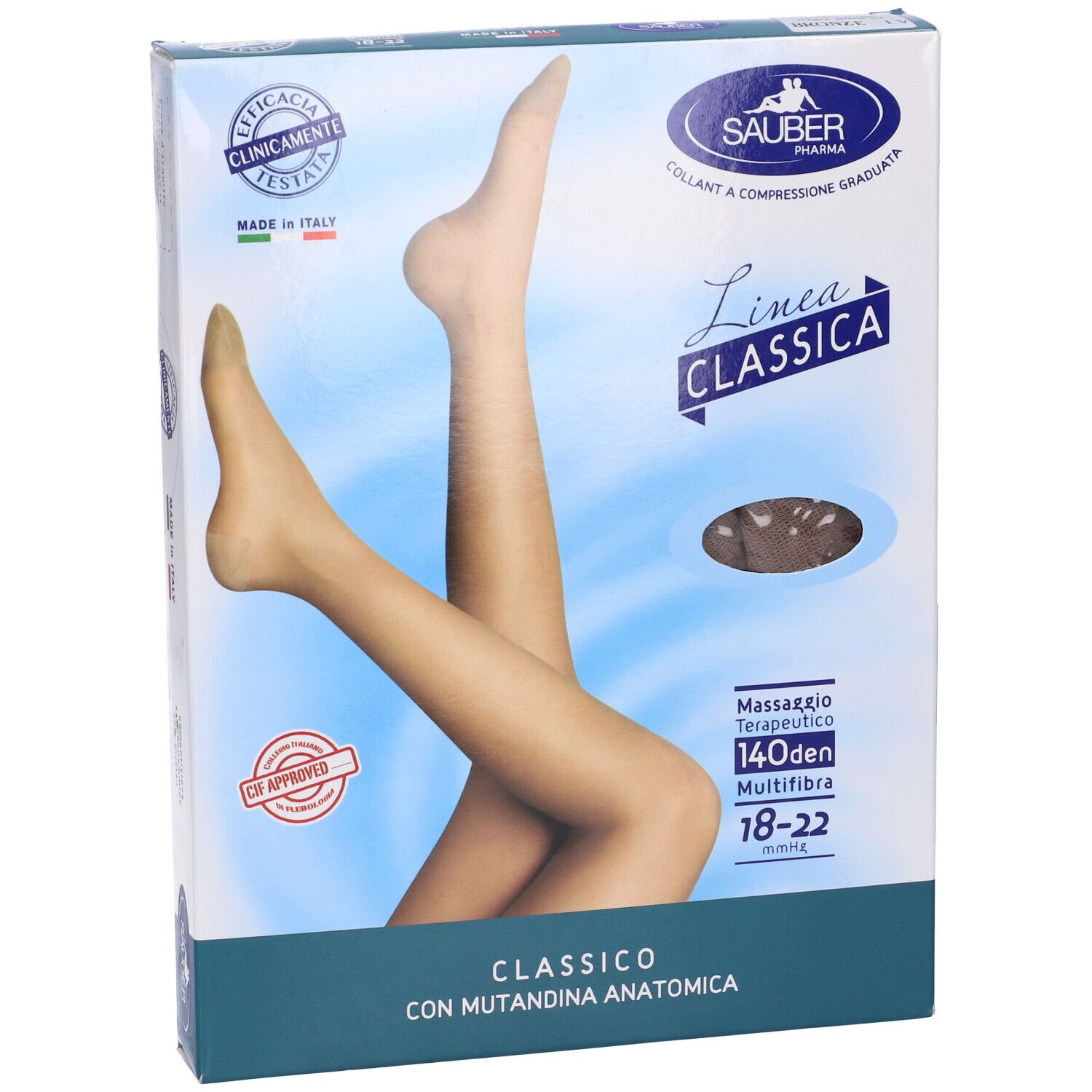 Confezione collant Sauber Classica, 140 Den, Multifibra, con mutandina anatomica. Certificato. Scritta: Massaggio terapeutico.