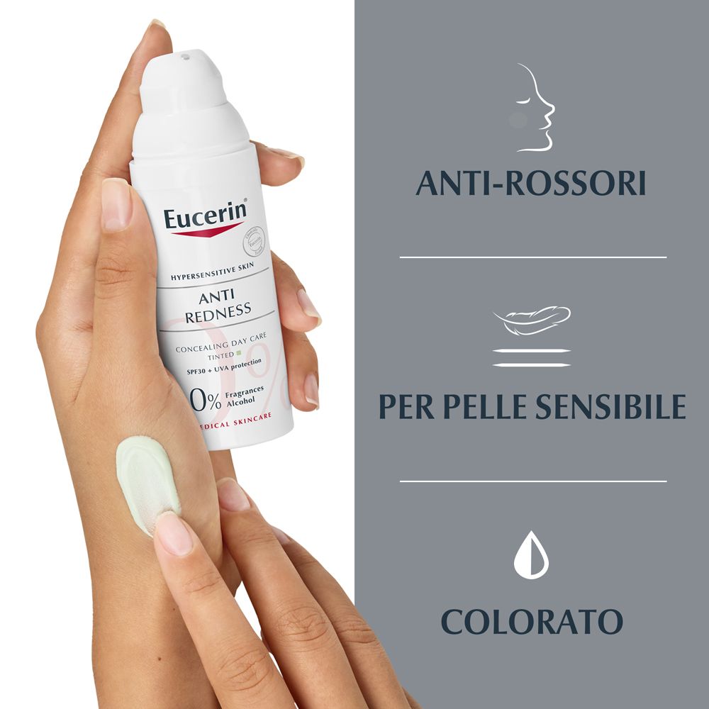 Eucerin Anti-Rötungen. Creme auf Hand aufgetragen. Text: Anti-Rötungen, für empfindliche Haut, farbig.