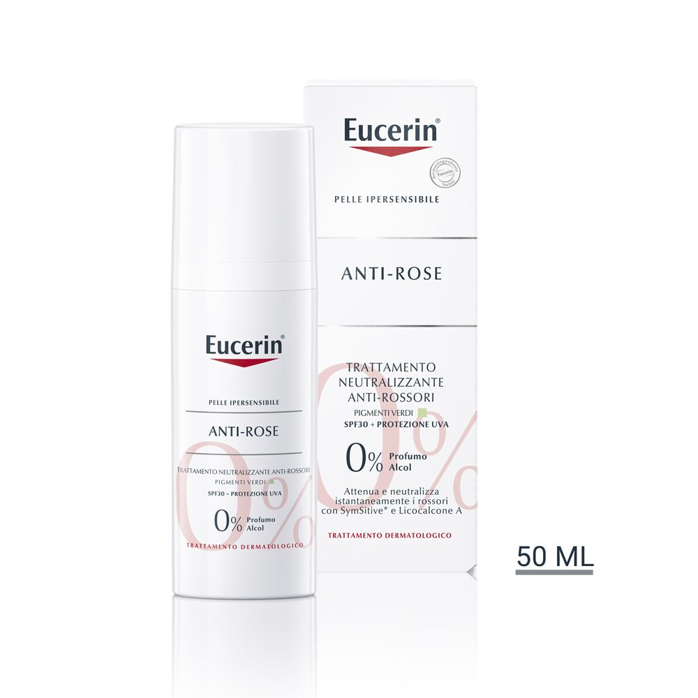 Eucerin Anti-Rötungen Tagespflege. Flasche und Verpackung. Text: Anti-Rose, 50 ml, 0% Parfüm/Alkohol.