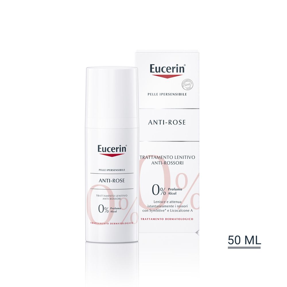 Flacone e confezione bianchi Eucerin Anti-Rossore. Testo: Anti-Rose, 0% Profumo/Alcool. 50 ml.