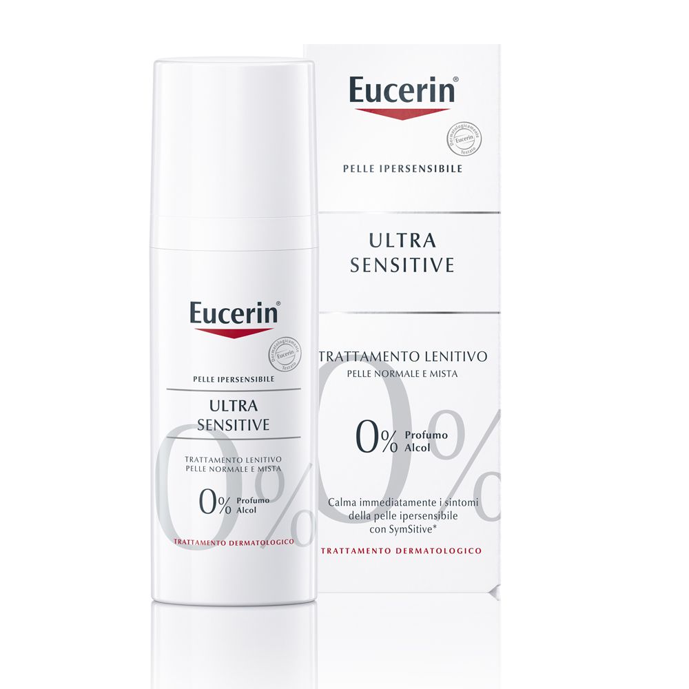 Eucerin UltraSENSITIVE Trattamento Lenitivo. Flacone e confezione bianchi. Testo: Ultra Sensitive, 0% Profumo/Alcol.
