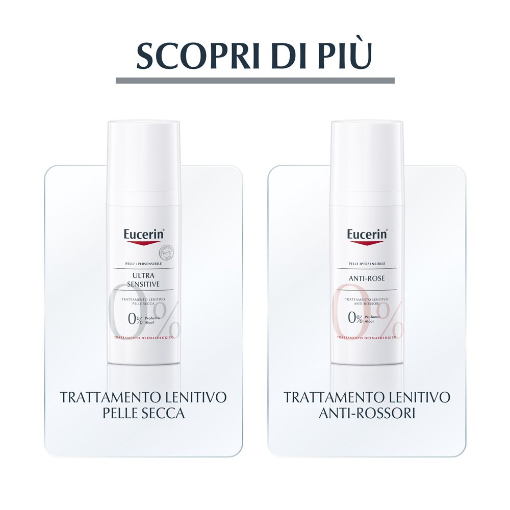 Due prodotti Eucerin UltraSENSITIVE. Testo: Trattamento per pelle secca, trattamento anti-rossori.