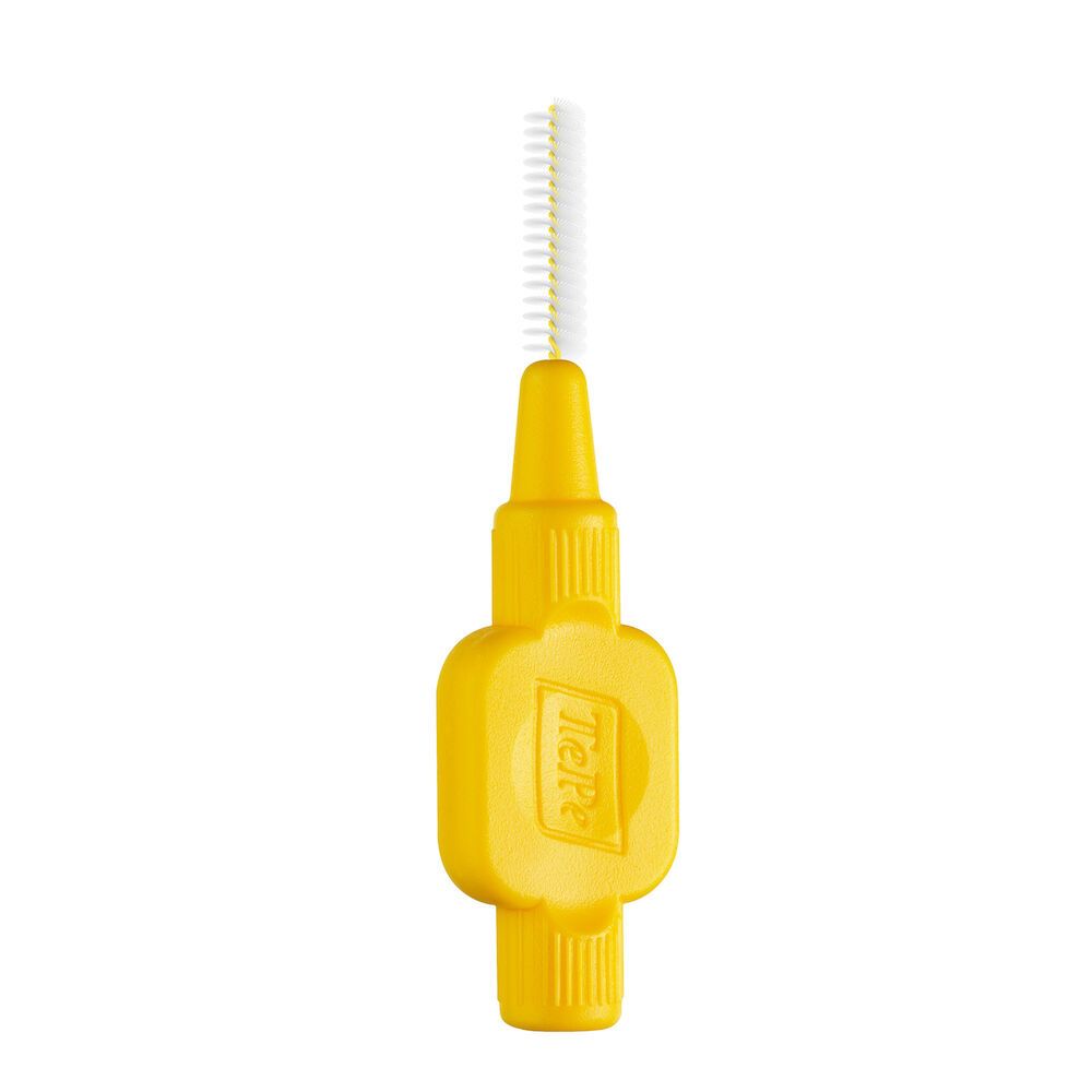 Scovolino interdentale TePe giallo. Testa e manico. Misura 0,7 mm. Giallo. Logo TePe.