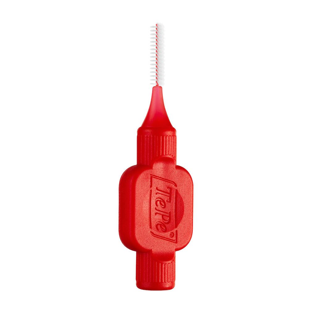 Scovolino rosso con testina bianca. Marchio TePe. Pezzo singolo. Misura 2. Manico con logo.