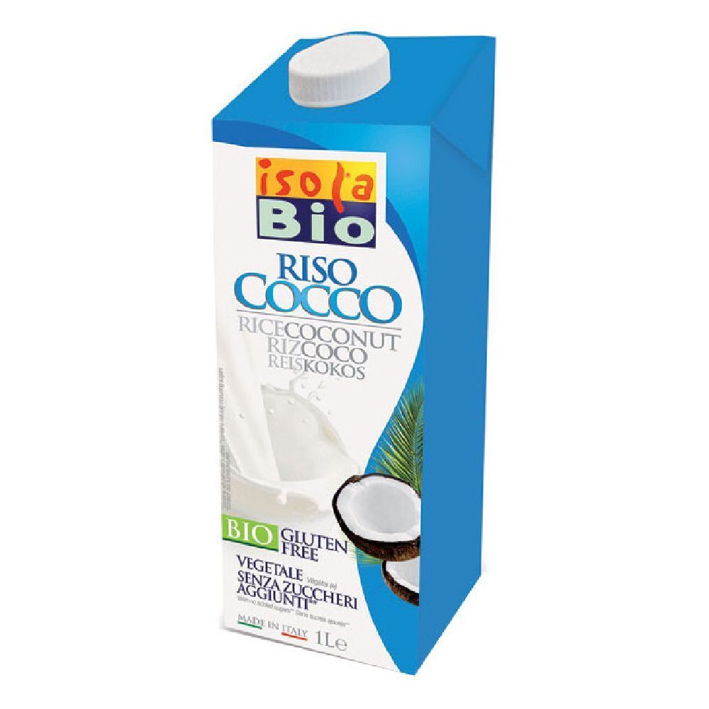 Confezione blu Riso Cocco, cocco e riso, logo Bio, 1 litro. Tappo bianco.