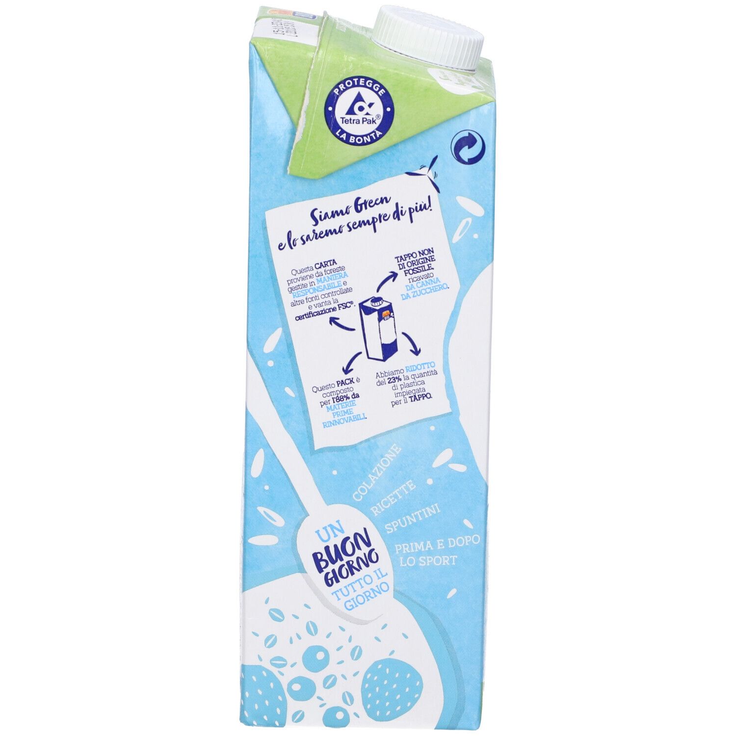 Retro confezione Riso Cocco. Testo sulla sostenibilità, certificazione FSC, istruzioni riciclo, suggerimenti ricette.