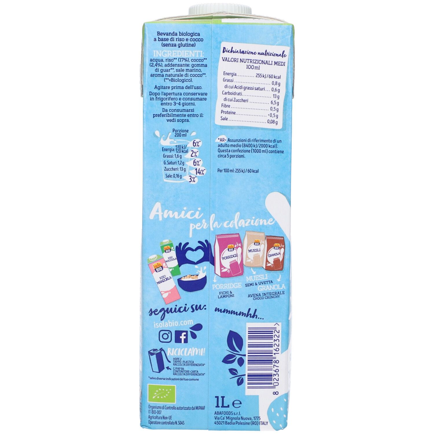 Retro confezione Riso Cocco. Valori nutrizionali, ingredienti, contatti, logo Bio, 1 litro.