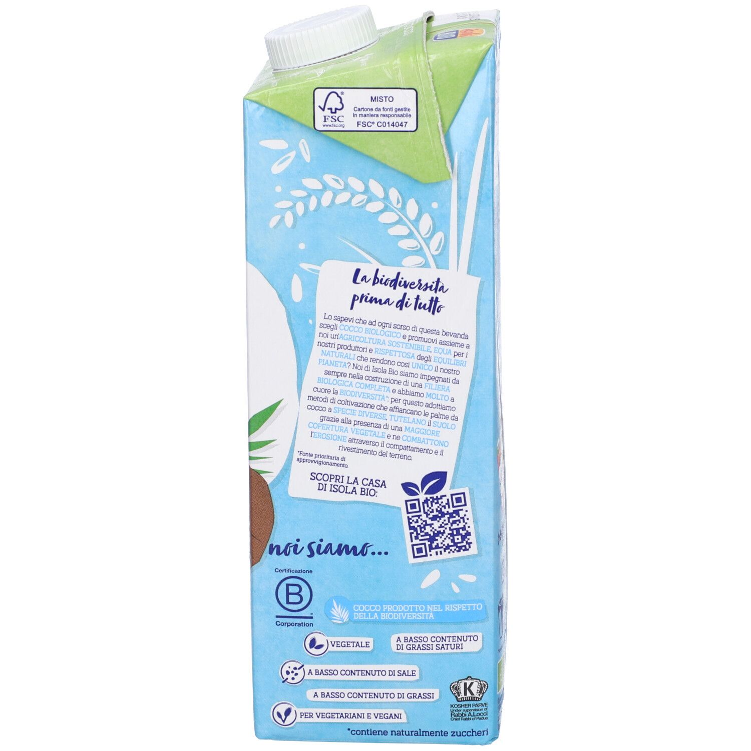 Retro confezione Riso Cocco. Testo sulla sostenibilità, logo Bio, QR code, vegano, a basso contenuto di grassi, a basso contenuto di sale.
