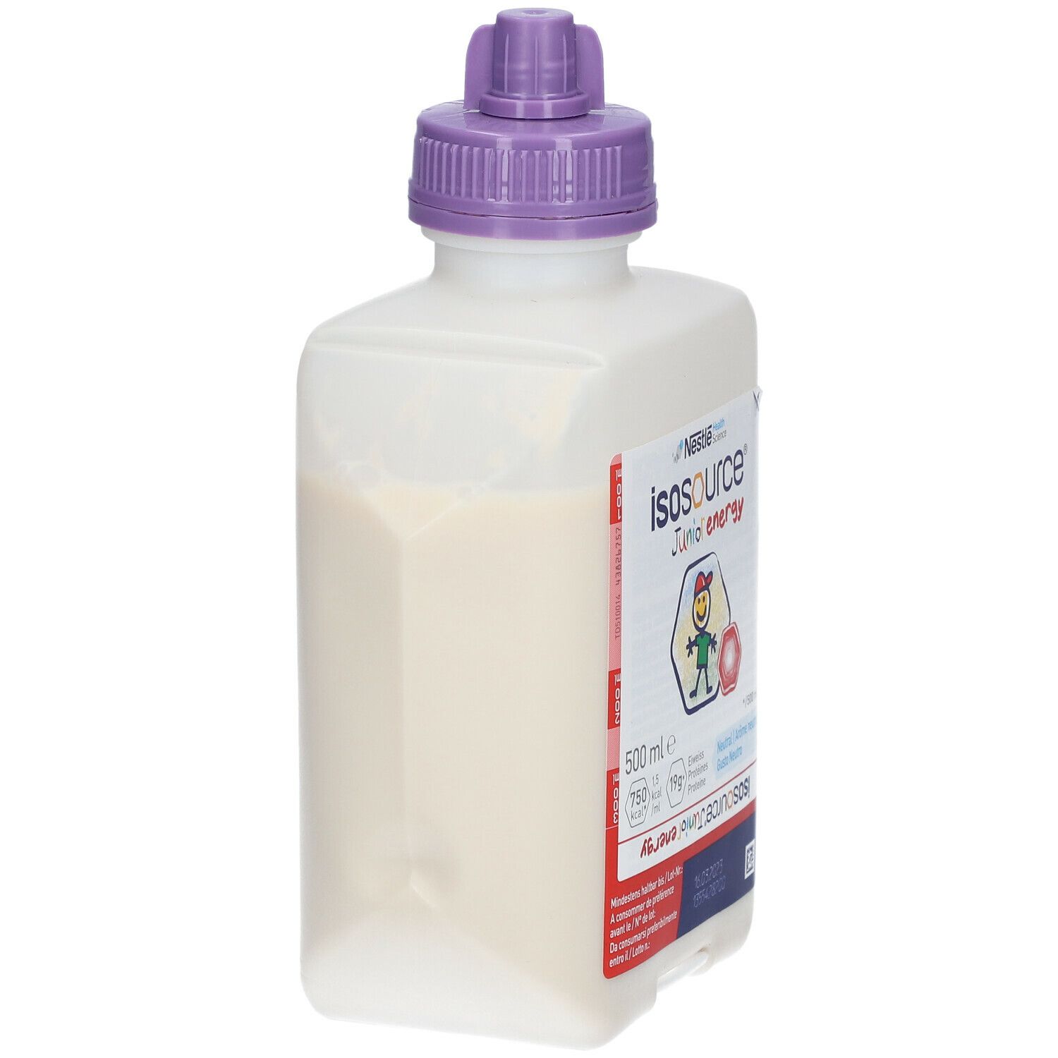 Bottiglia Isosource Junior Energy. Bianca, tappo viola. Etichetta con logo e testo. Liquido visibile.