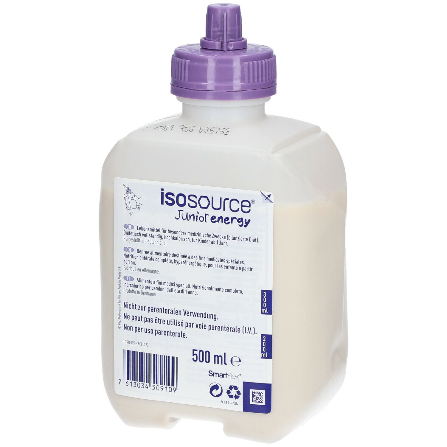 Bottiglia Isosource Junior Energy. Bianca, tappo viola. Etichetta con testo e logo. 500 ml.