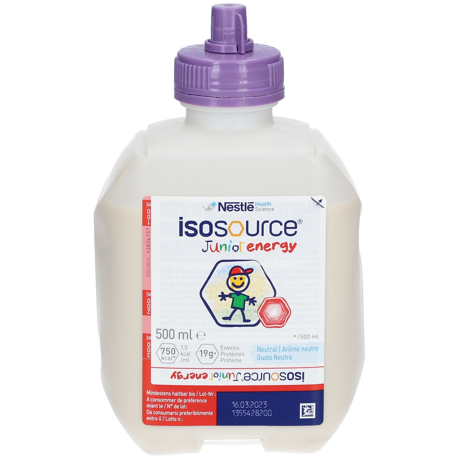 Bottiglia Isosource Junior Energy. Bianca, tappo viola. Etichetta con logo, testo e informazioni nutrizionali. 500 ml.