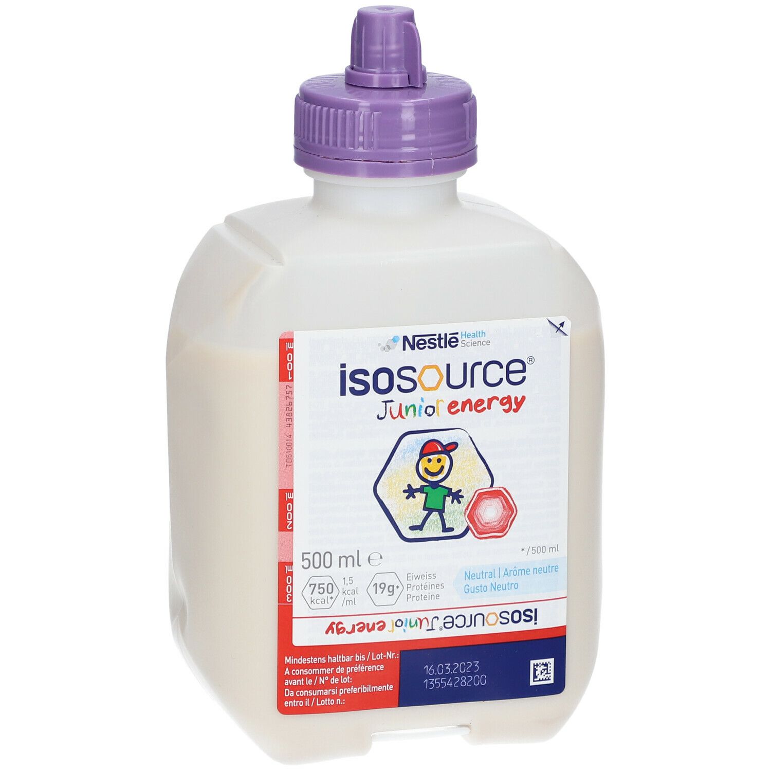 Bottiglia Isosource Junior Energy. Bianca, tappo viola. Etichetta con logo, testo e informazioni nutrizionali. 500 ml.