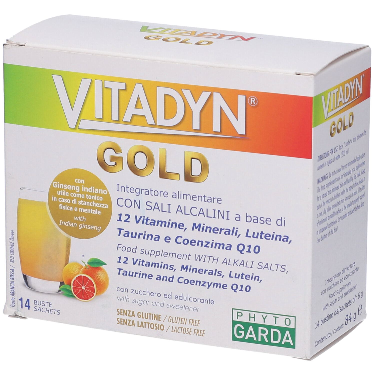 Confezione VITADYN® Gold. Contiene 14 bustine. Scritta: 12 vitamine, minerali, luteina, taurina e coenzima Q10. Senza glutine e lattosio.