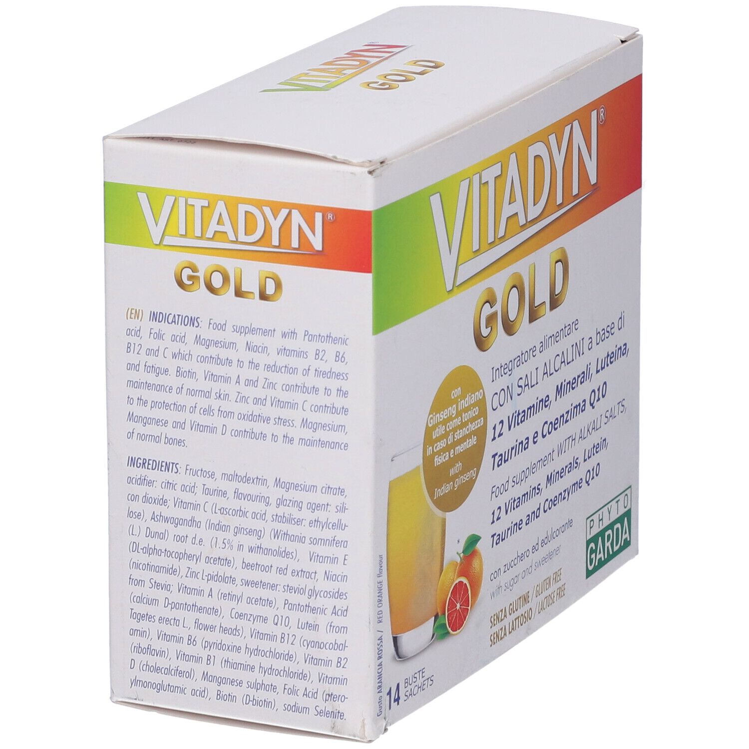 Confezione VITADYN® Gold. Contiene 14 bustine. Scritta: 12 vitamine, minerali, luteina, taurina e coenzima Q10. Senza glutine e lattosio.