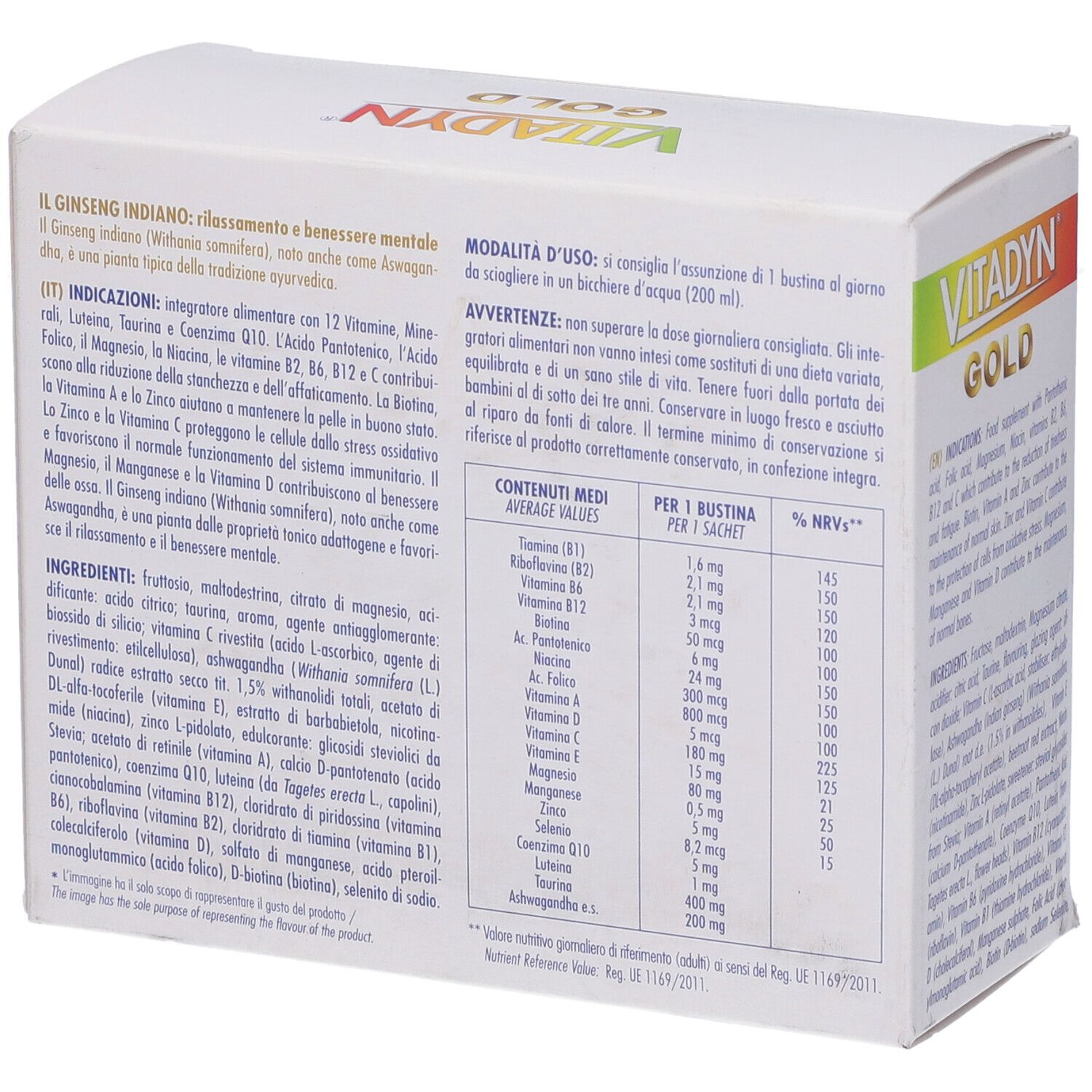 Confezione VITADYN® Gold. Retro con ingredienti e informazioni nutrizionali. Contiene 14 bustine. Scritta: 12 vitamine, minerali, luteina, taurina e coenzima Q10.
