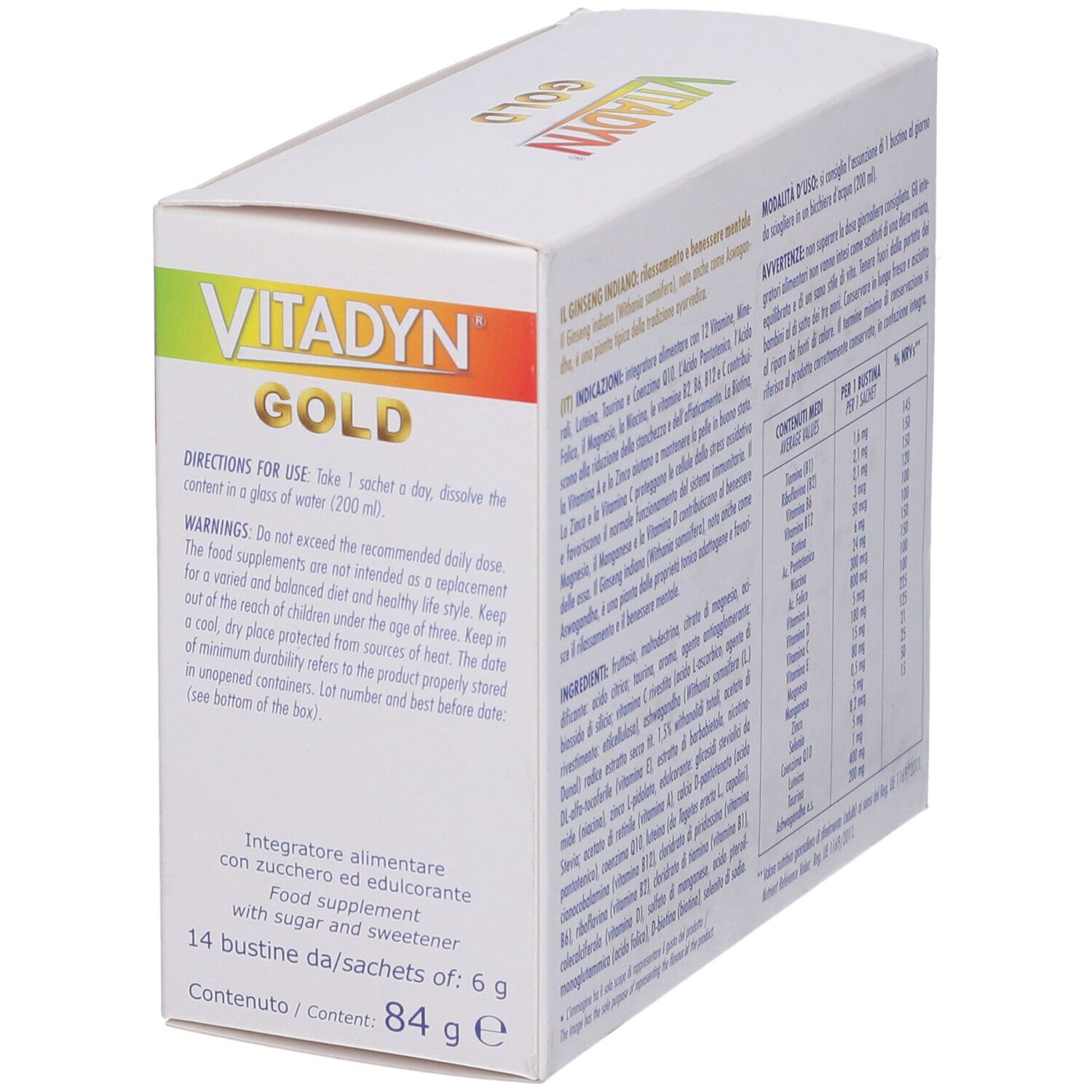 Confezione VITADYN® Gold. Contiene 14 bustine. Scritta: 12 vitamine, minerali, luteina, taurina e coenzima Q10. 6g per bustina.