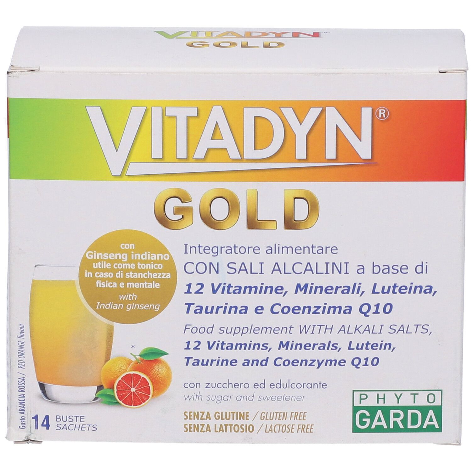 Confezione VITADYN® Gold. Contiene 14 bustine. Scritta: 12 vitamine, minerali, luteina, taurina e coenzima Q10. Senza glutine e lattosio.