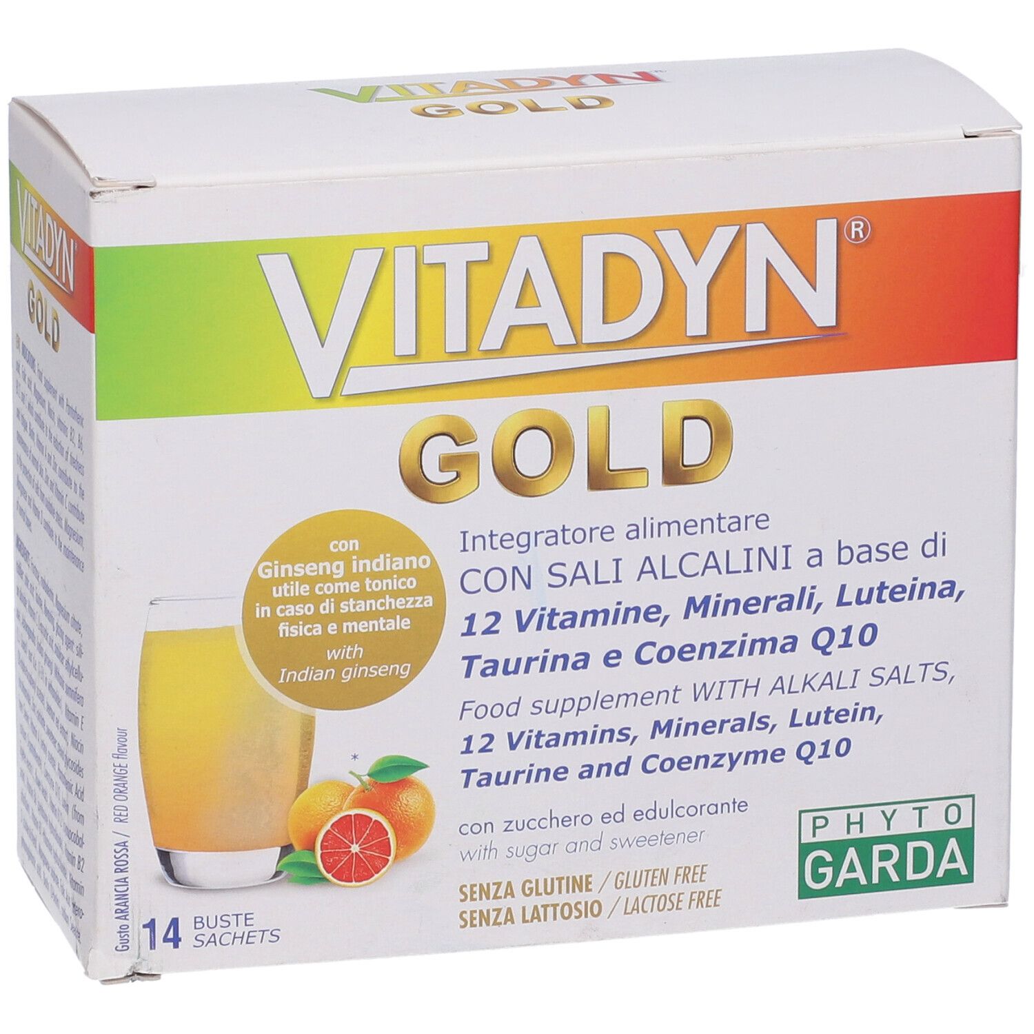 Confezione VITADYN® Gold. Contiene 14 bustine. Scritta: 12 vitamine, minerali, luteina, taurina e coenzima Q10. Senza glutine e lattosio.