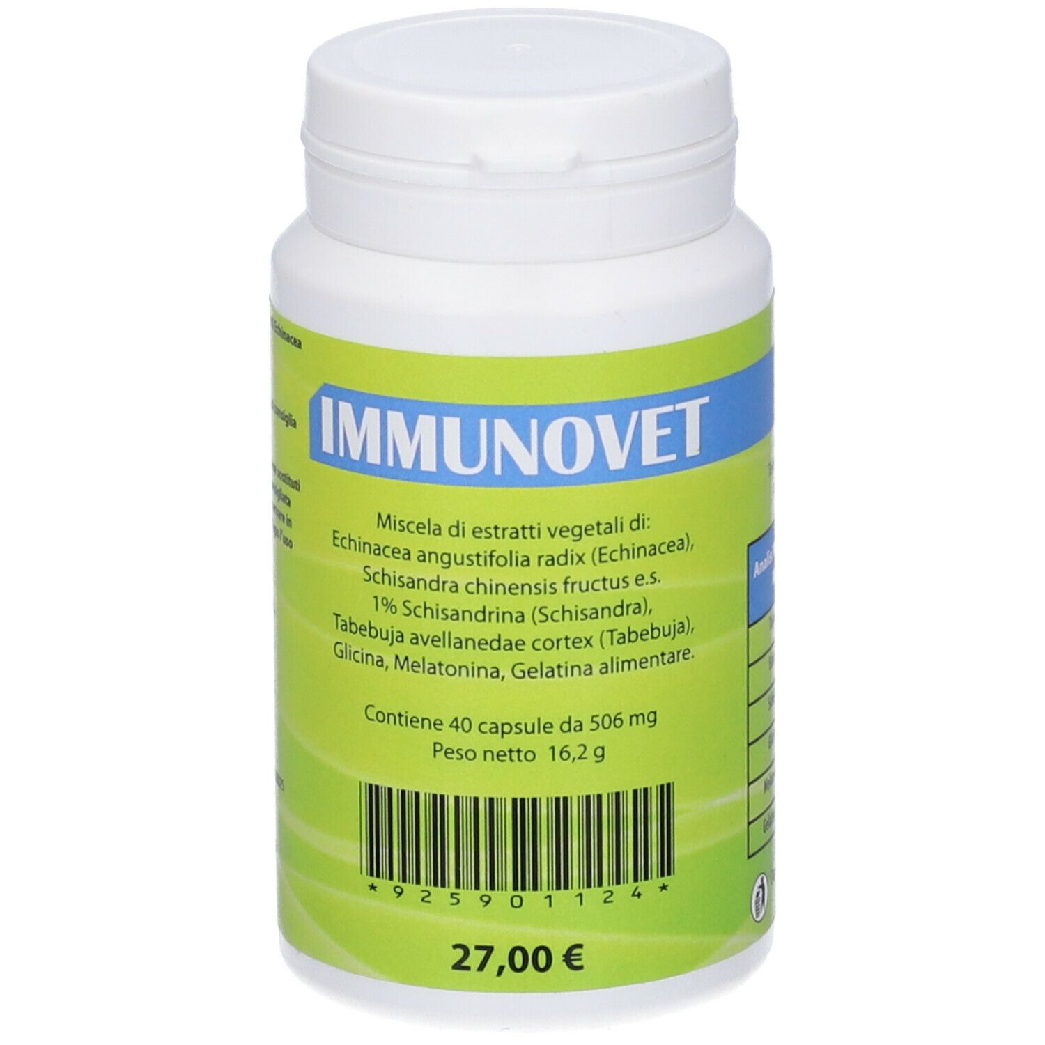 Flacone bianco con etichetta verde. Scritta IMMUNOVET. Contiene 40 capsule. Prezzo: 27,00 €.