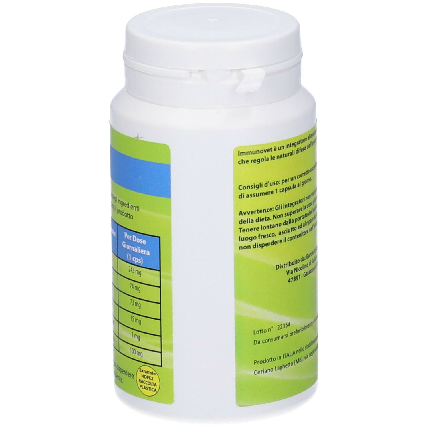 Flacone bianco con etichetta verde. Testo sugli ingredienti e l'uso. Coperchio con chiusura.
