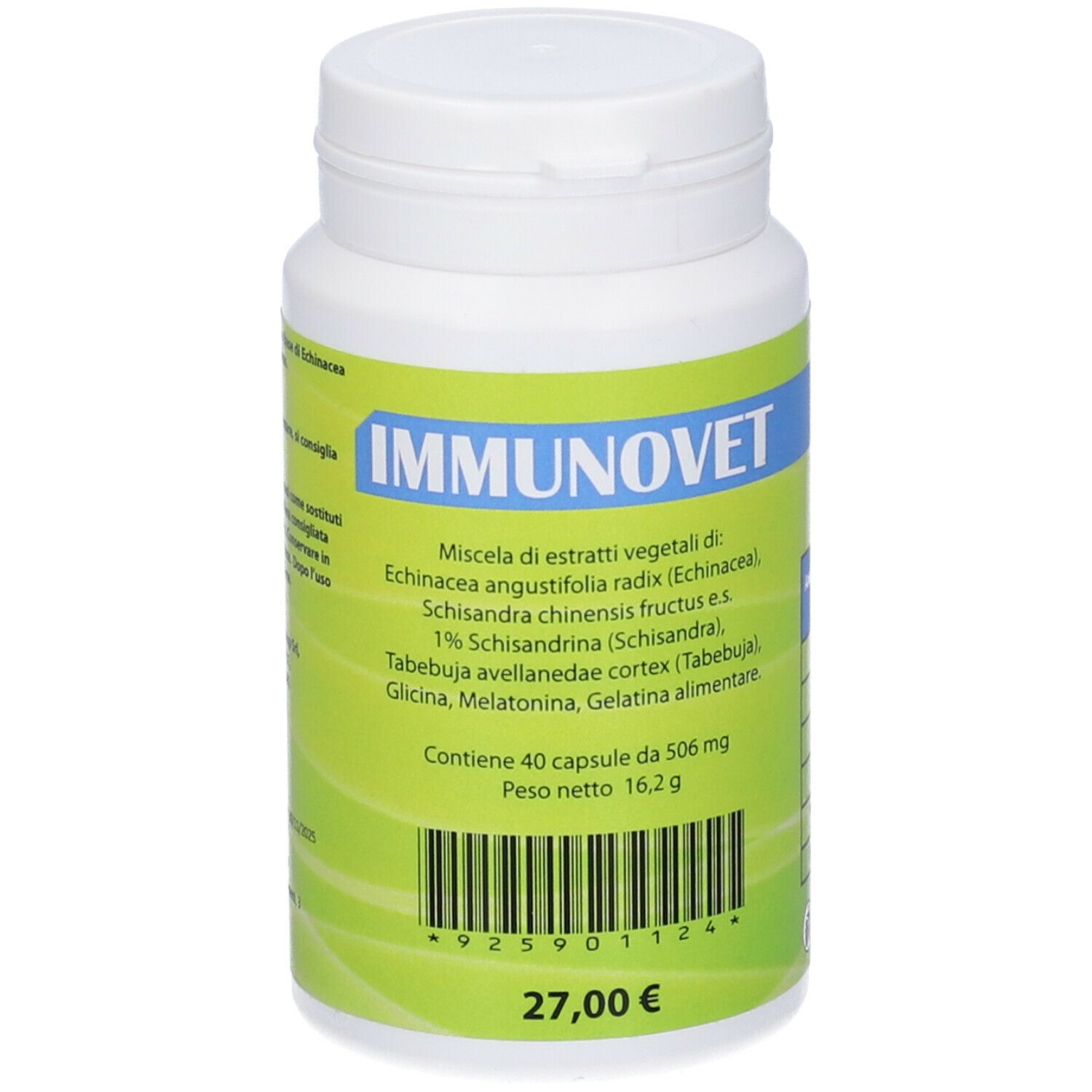 Flacone bianco con etichetta verde. Scritta IMMUNOVET. Contiene 40 capsule. Prezzo: 27,00 €.