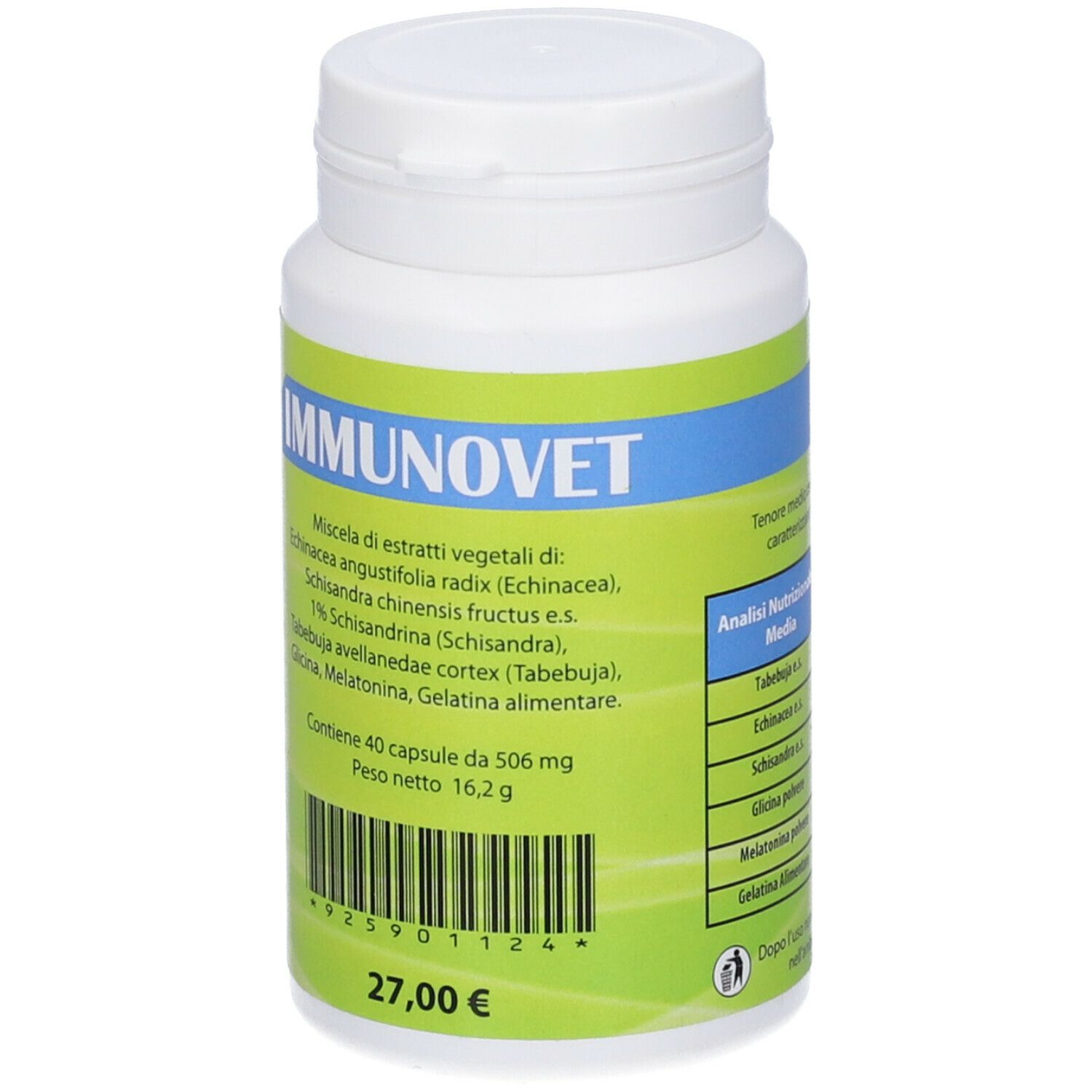 Flacone bianco con etichetta verde. Scritta IMMUNOVET. Contiene 40 capsule. Prezzo: 27,00 €.