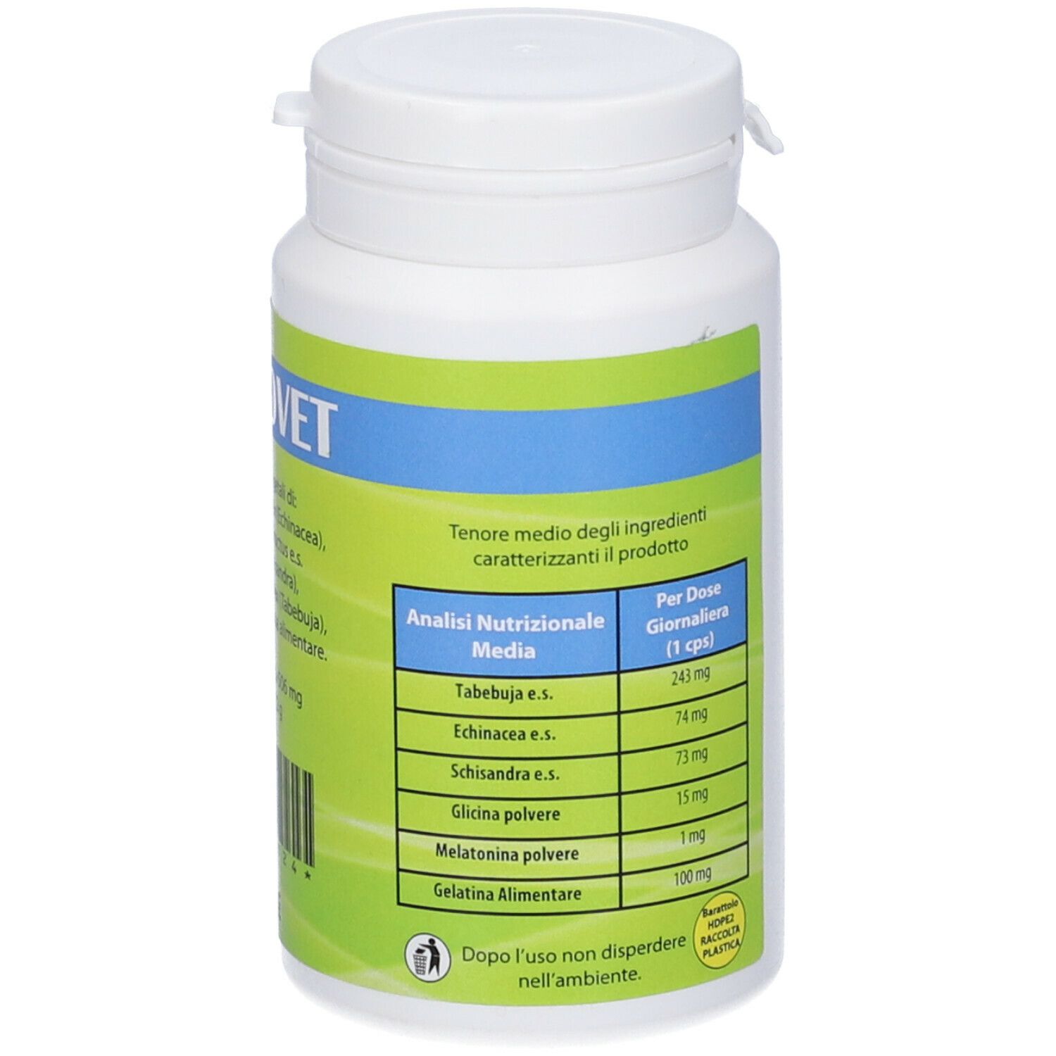 Flacone bianco con etichetta verde. Informazioni nutrizionali. Coperchio con chiusura.