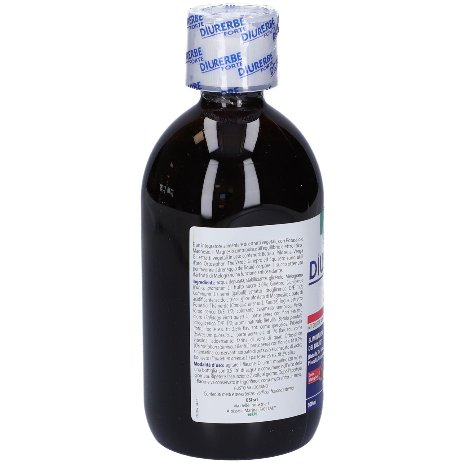 Bottiglia marrone con etichetta del prodotto. Contiene nome, ingredienti e aroma melograno.