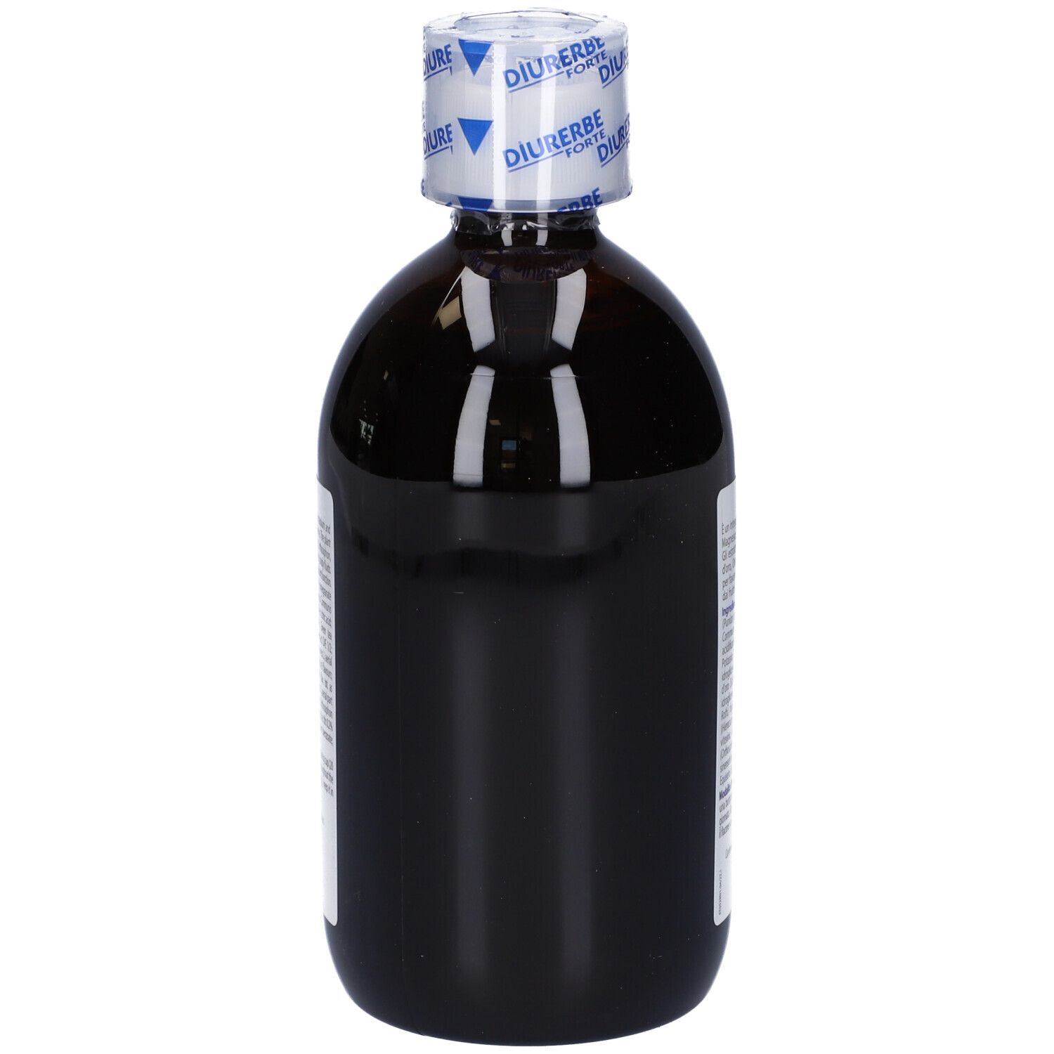 Bottiglia marrone con etichetta del prodotto. Contiene nome, ingredienti e aroma melograno.