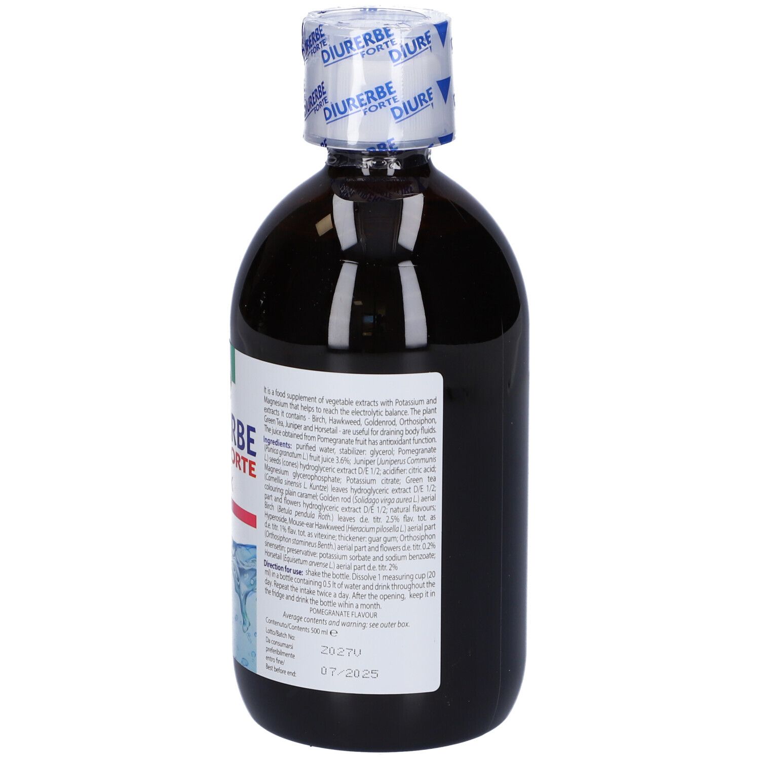 Bottiglia marrone con etichetta del prodotto. Contiene nome, ingredienti e aroma melograno.