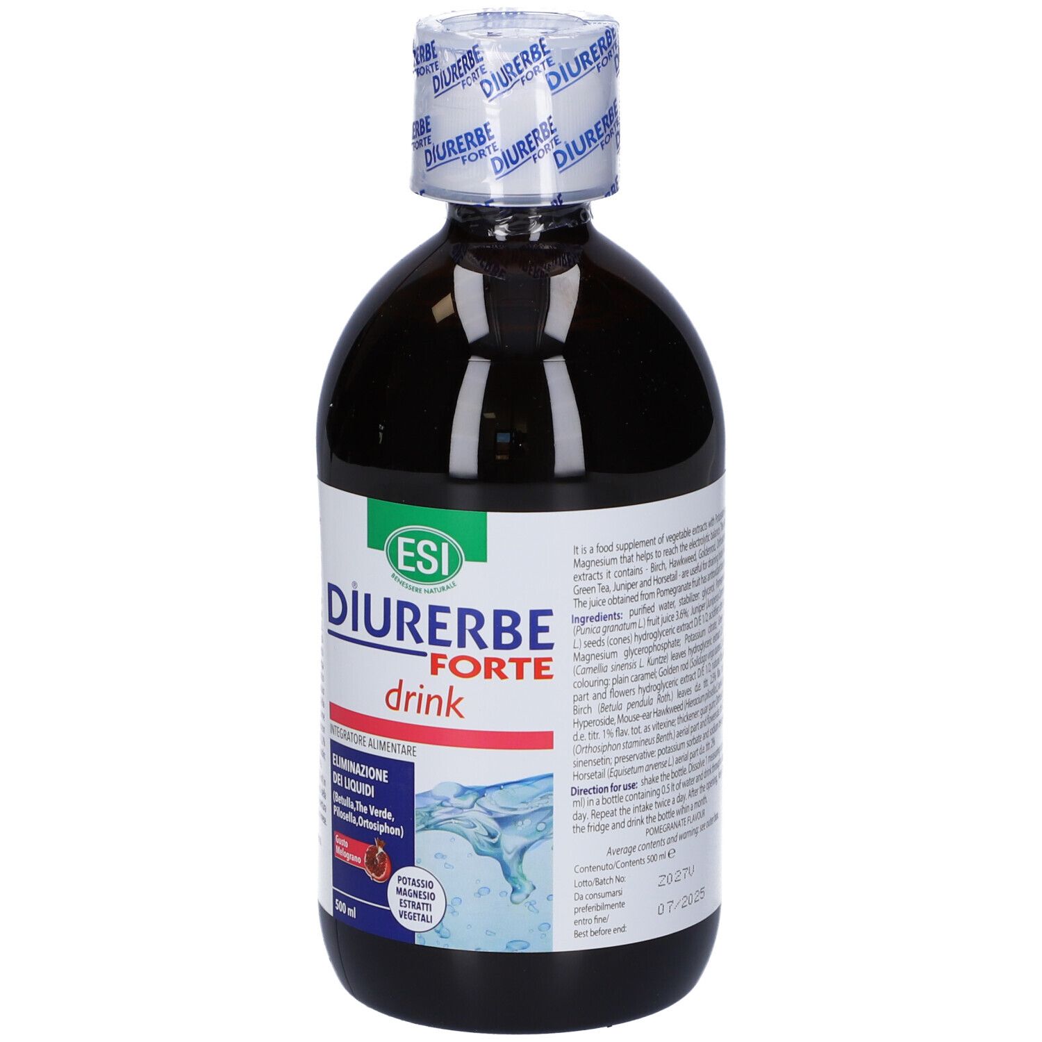 Bottiglia marrone con etichetta del prodotto. Contiene nome, ingredienti e aroma melograno.