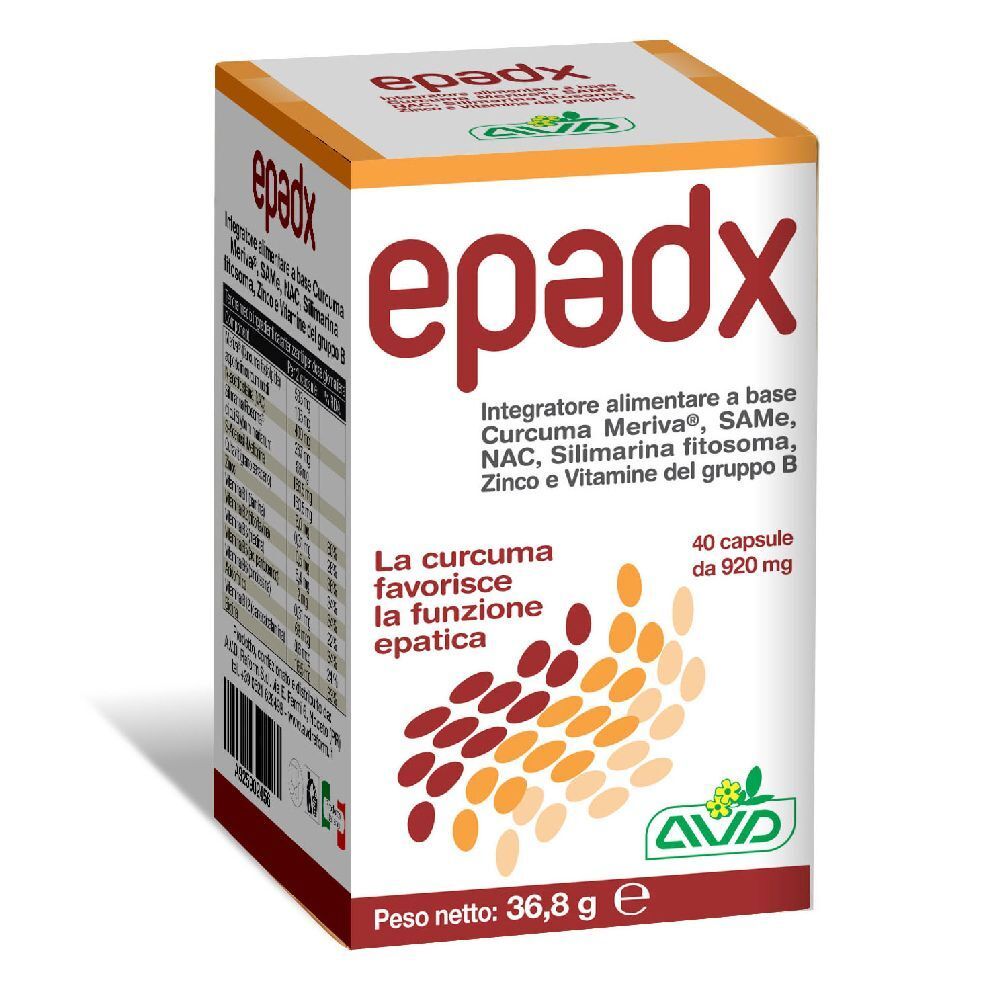 Scatola di capsule "epadx". Scritta: "Integratore alimentare", ingredienti, 40 capsule, 36,8 g.
