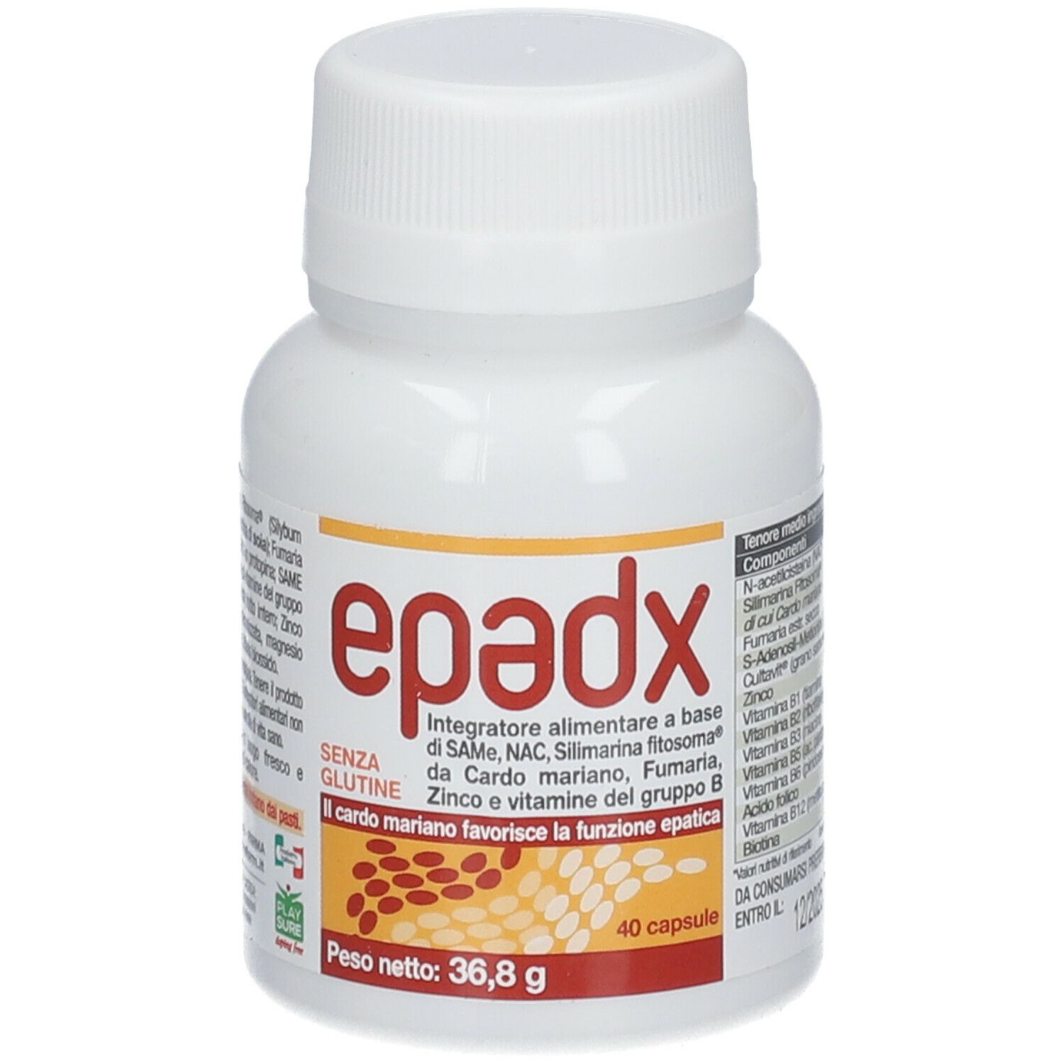 Flacone bianco di capsule con scritta "epadx". Scritta: "Integratore alimentare", ingredienti, 40 capsule.
