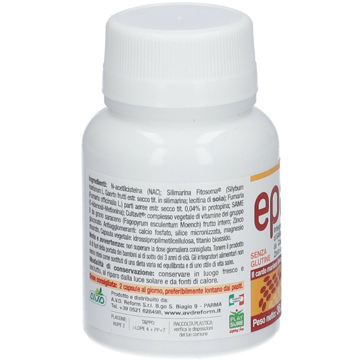Retro di un flacone di capsule bianco. Ingredienti, avvertenze, data di scadenza, informazioni produttore.