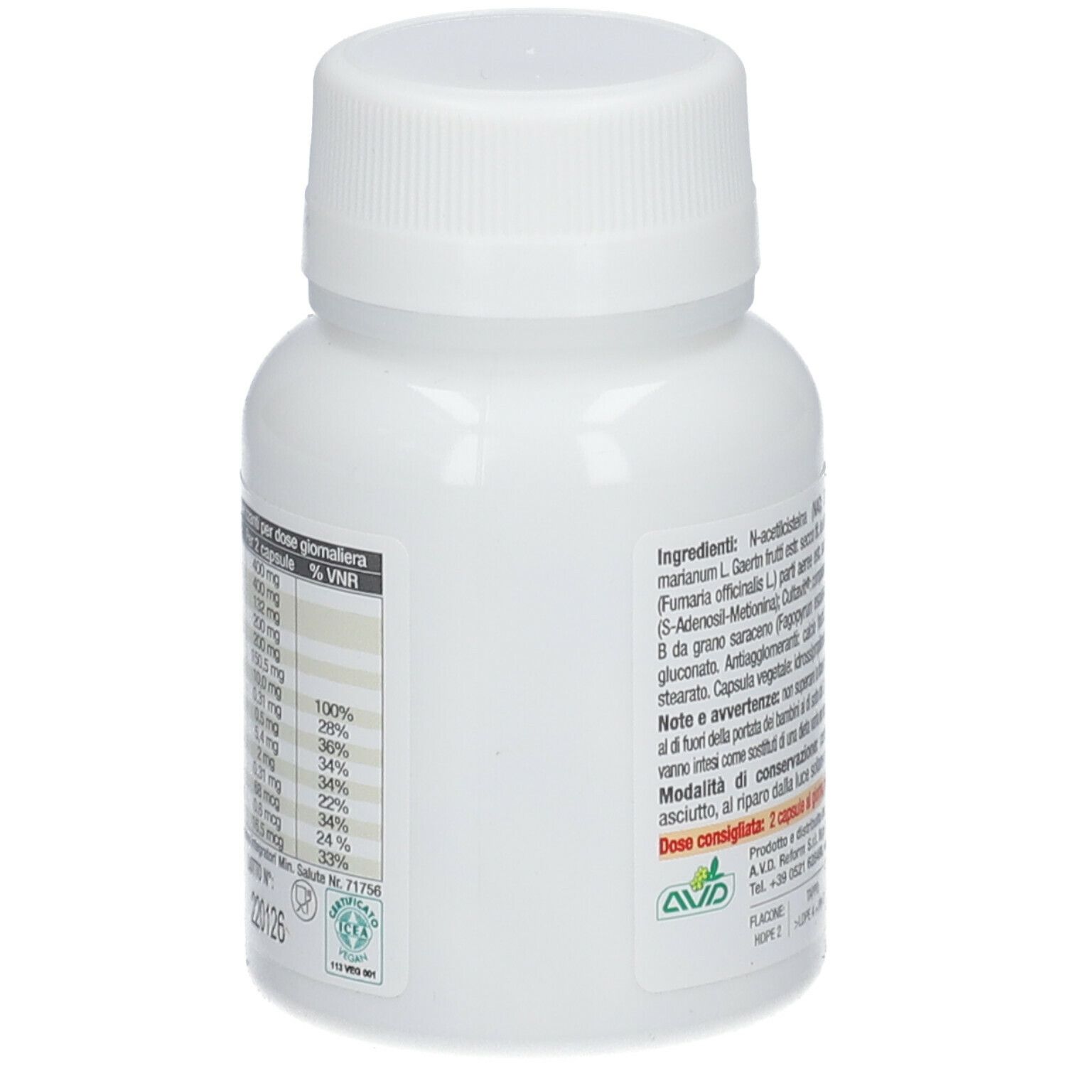 Retro di un flacone di capsule bianco. Ingredienti, tabella nutrizionale, data di scadenza, informazioni produttore.
