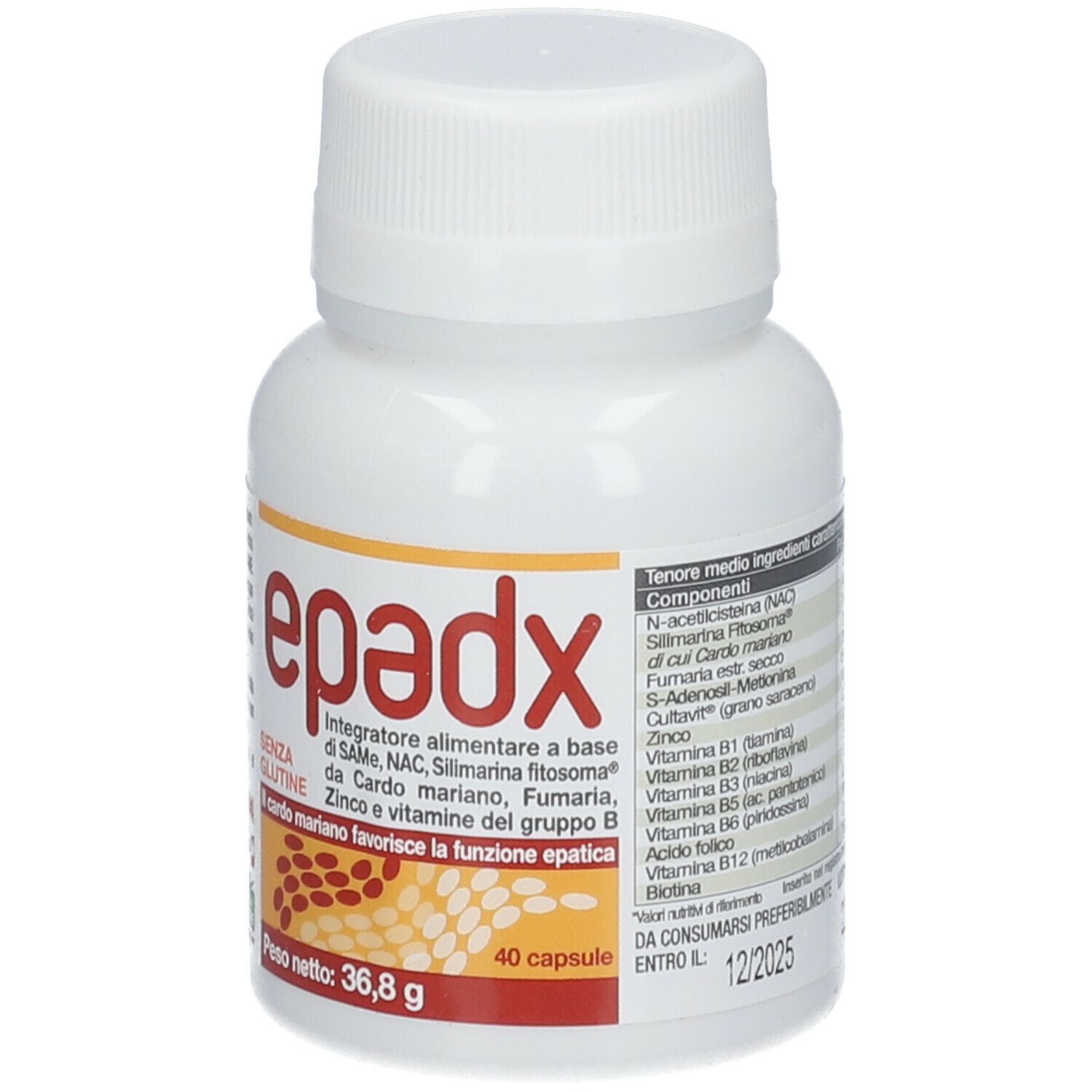 Flacone bianco di capsule con scritta "epadx". Scritta: "Integratore alimentare", ingredienti, 40 capsule.