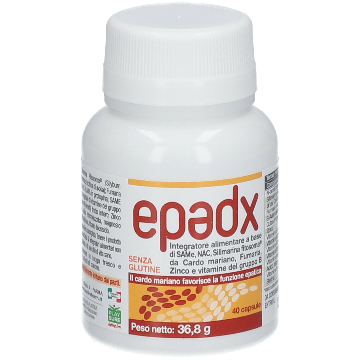 Flacone bianco di capsule con scritta "epadx". Scritta: "Integratore alimentare", ingredienti, 40 capsule.