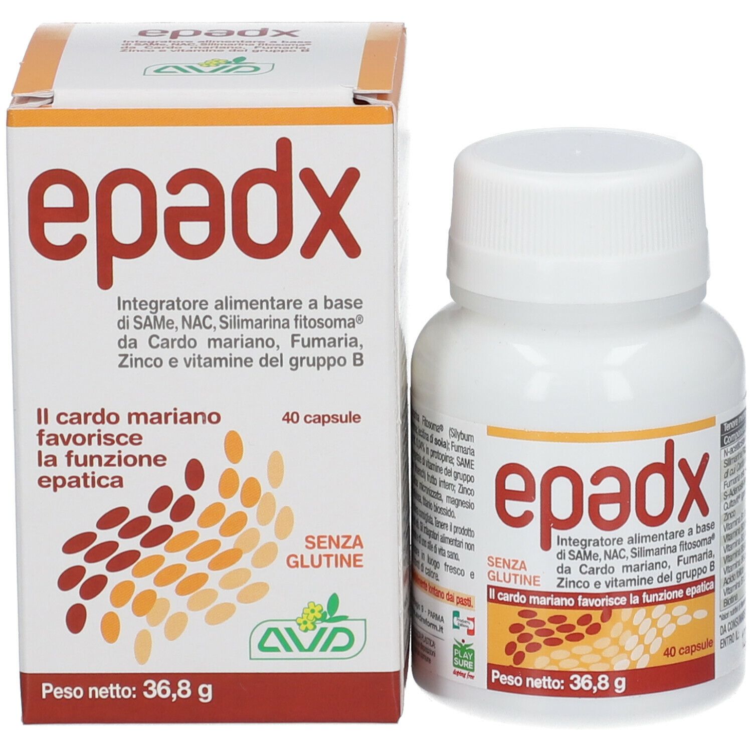 Flacone di capsule e scatola con scritta "epadx". Scritta: "Integratore alimentare", ingredienti, 40 capsule.