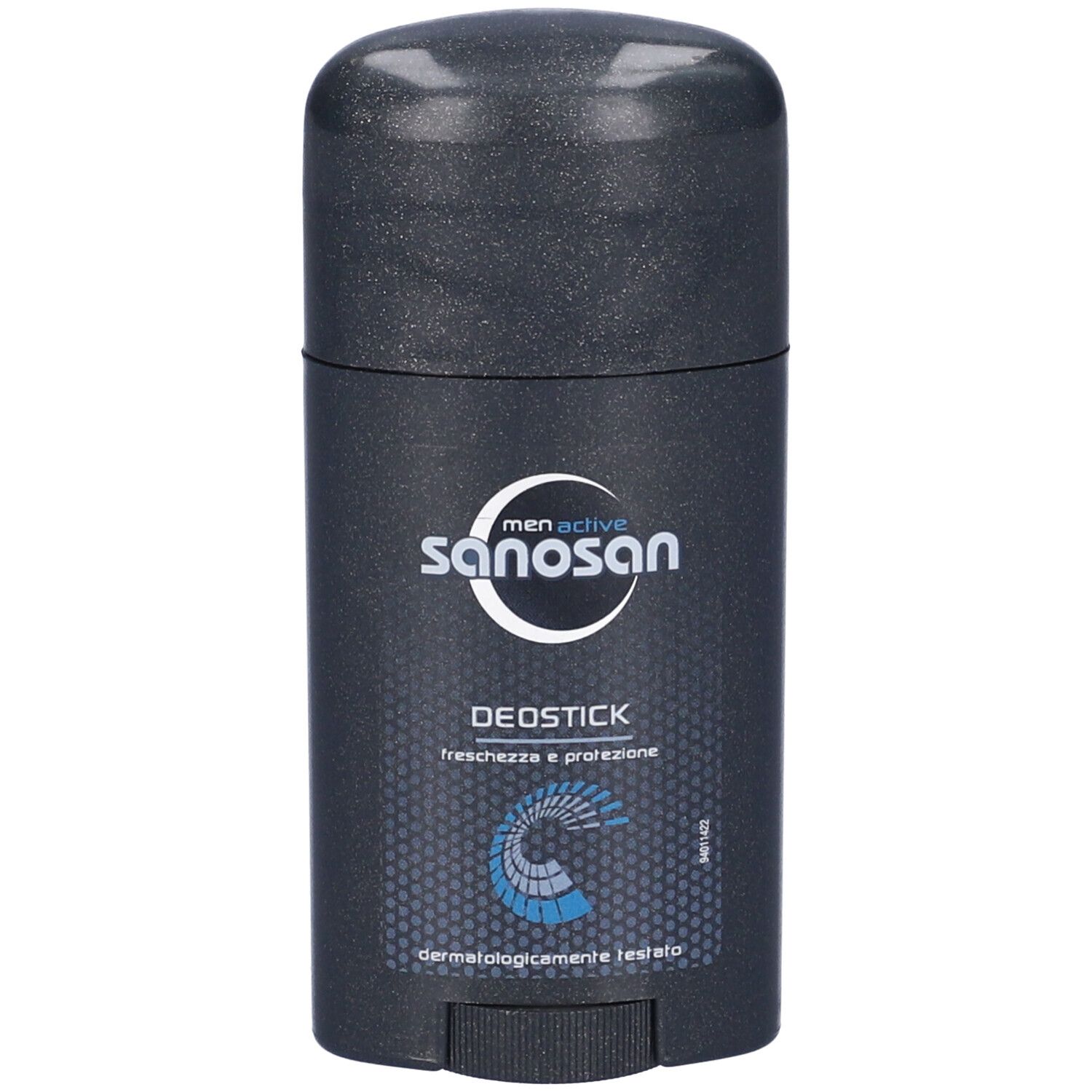Stick deodorante grigio scuro con logo e testo bianchi. Scritta: DEOSTICK, freschezza e protezione. Dermatologicamente testato.