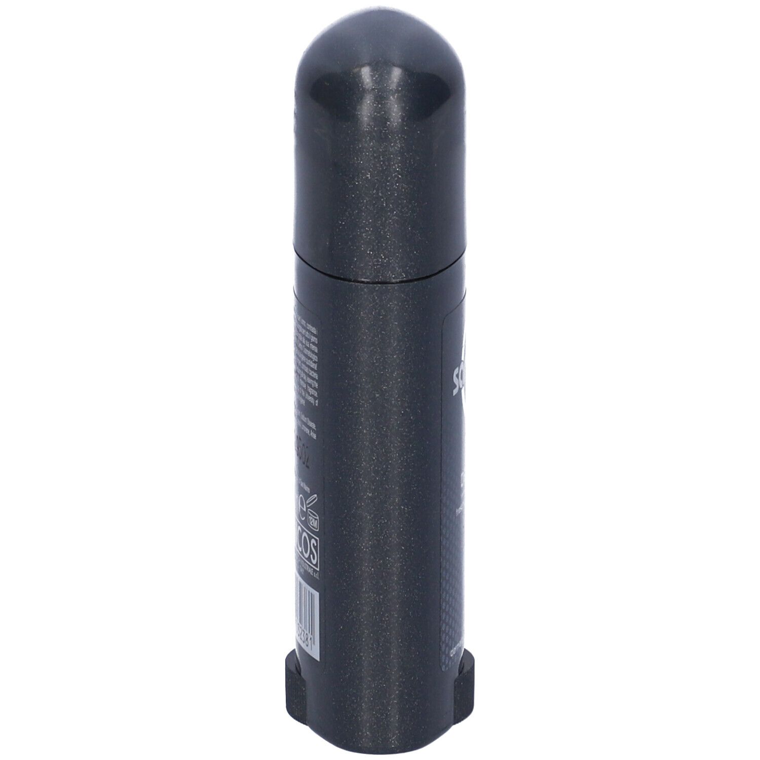 Stick deodorante grigio scuro, vista laterale. Informazioni sul prodotto e codice a barre visibili sul lato.