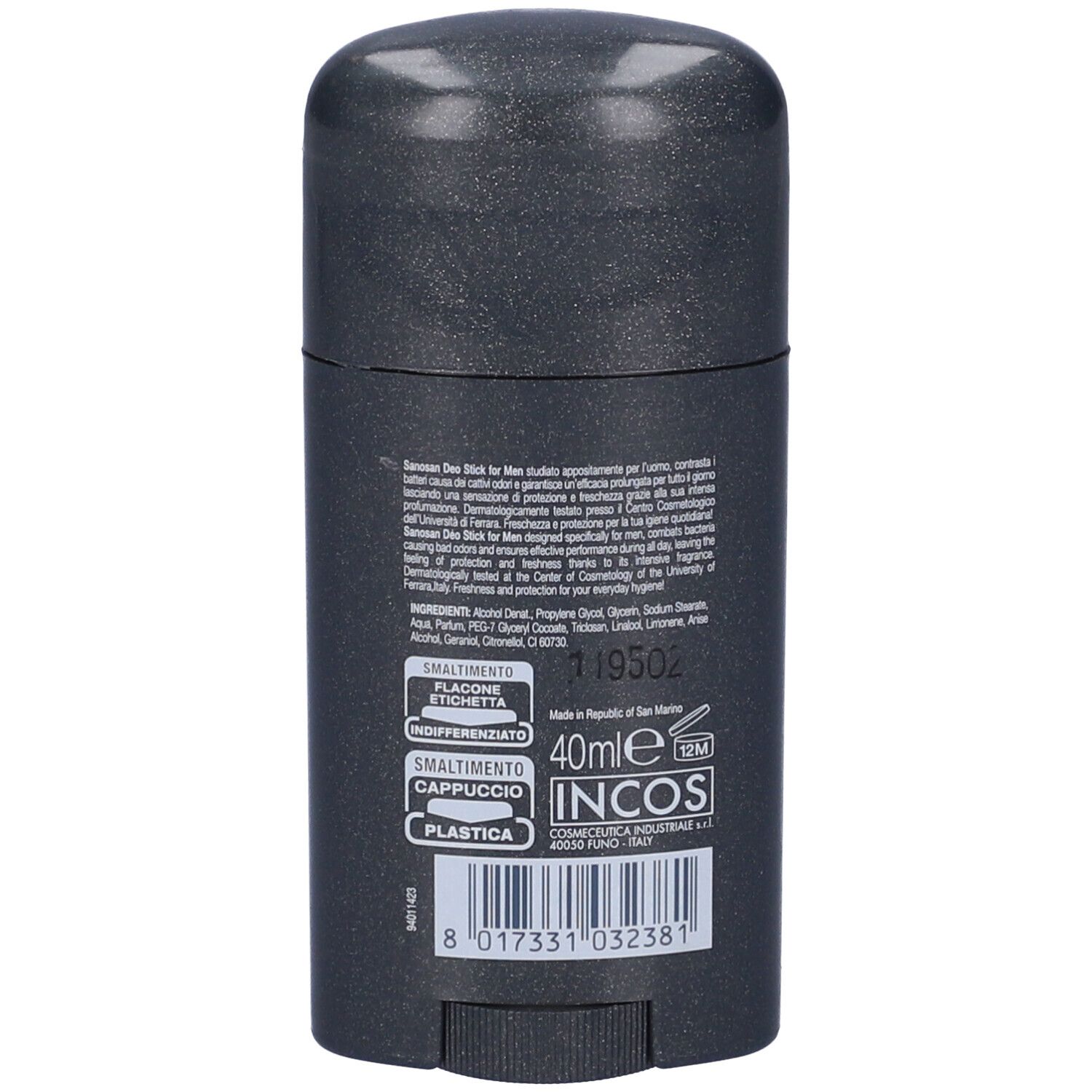 Retro dello stick deodorante. Contiene informazioni sul prodotto, ingredienti e dettagli del produttore. 40ml.