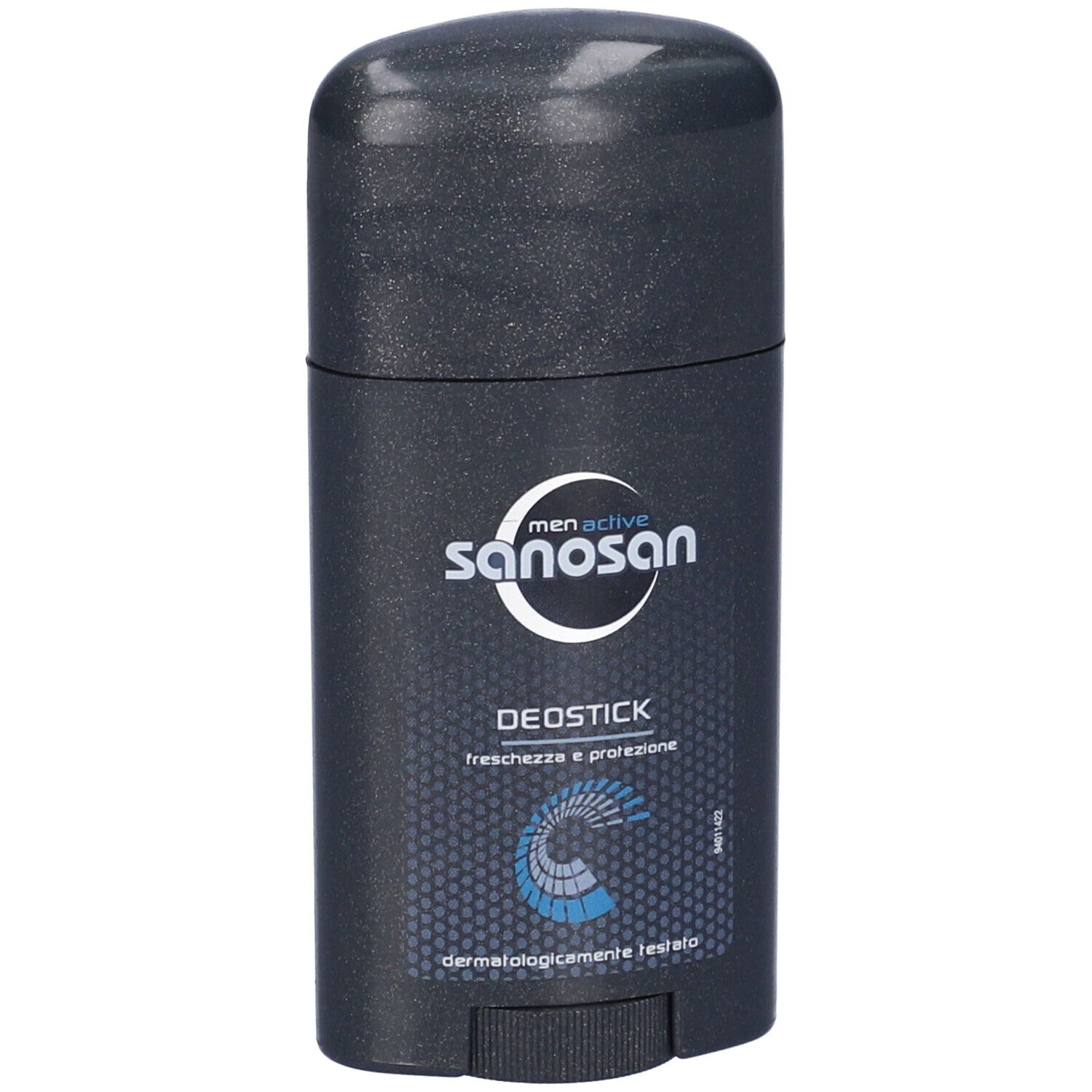 Stick deodorante grigio scuro con logo e testo bianchi. Scritta: DEOSTICK, freschezza e protezione. Dermatologicamente testato.