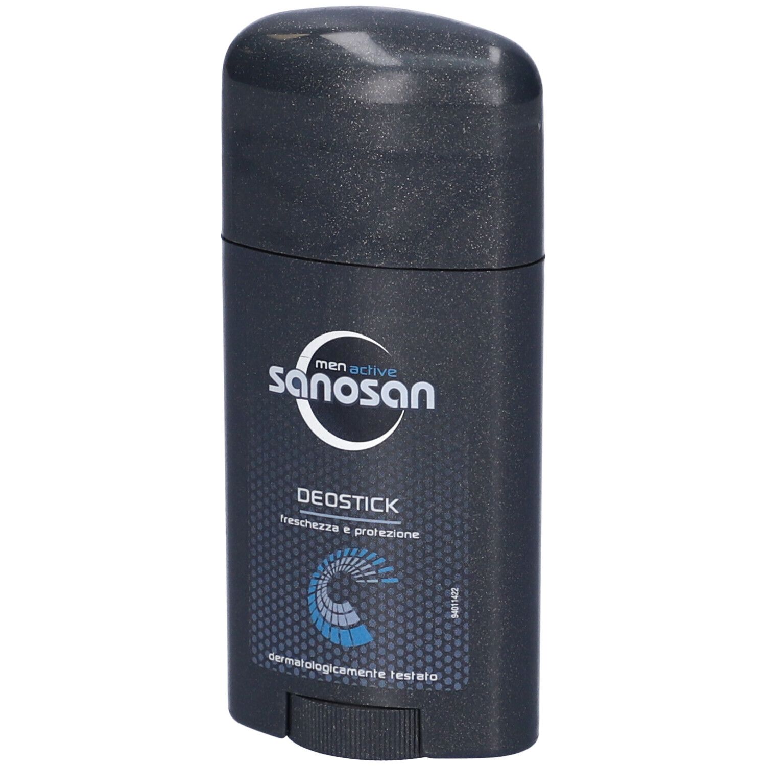 Stick deodorante grigio scuro con logo e testo bianchi. Scritta: DEOSTICK, freschezza e protezione. Dermatologicamente testato.