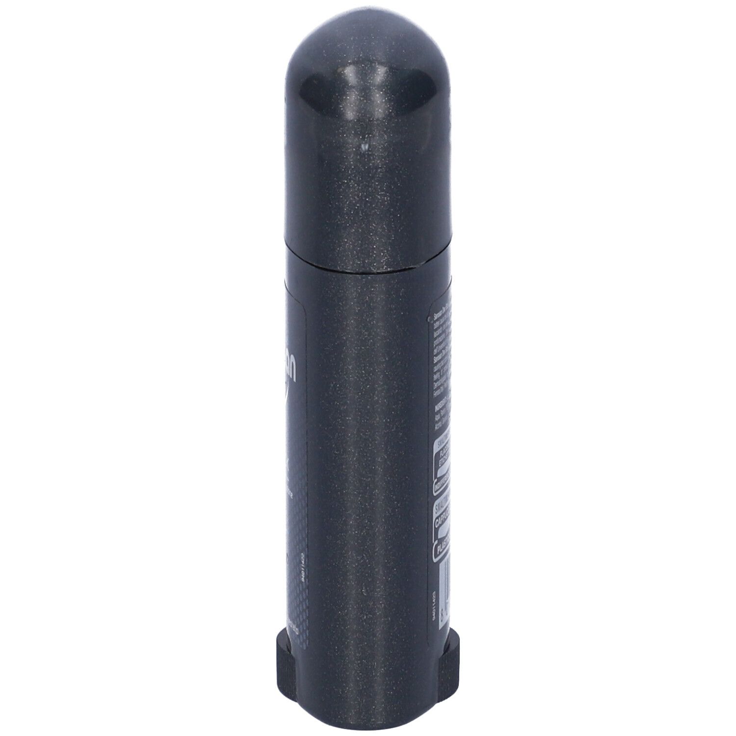 Stick deodorante grigio scuro, vista laterale. Informazioni sul prodotto e codice a barre visibili sul lato.