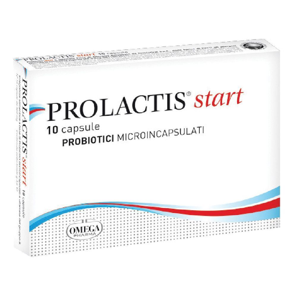 Confezione di capsule PROLACTIS start. Contiene 10 capsule. Marchio e logo Omega Pharma.