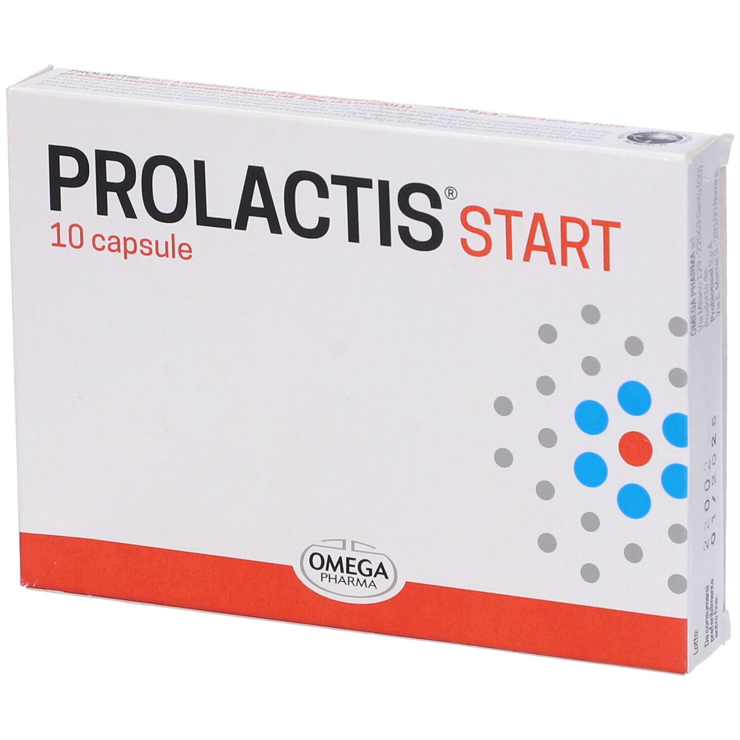 Confezione PROLACTIS start, 10 capsule. Design bianco, rosso e blu. Logo Omega Pharma.