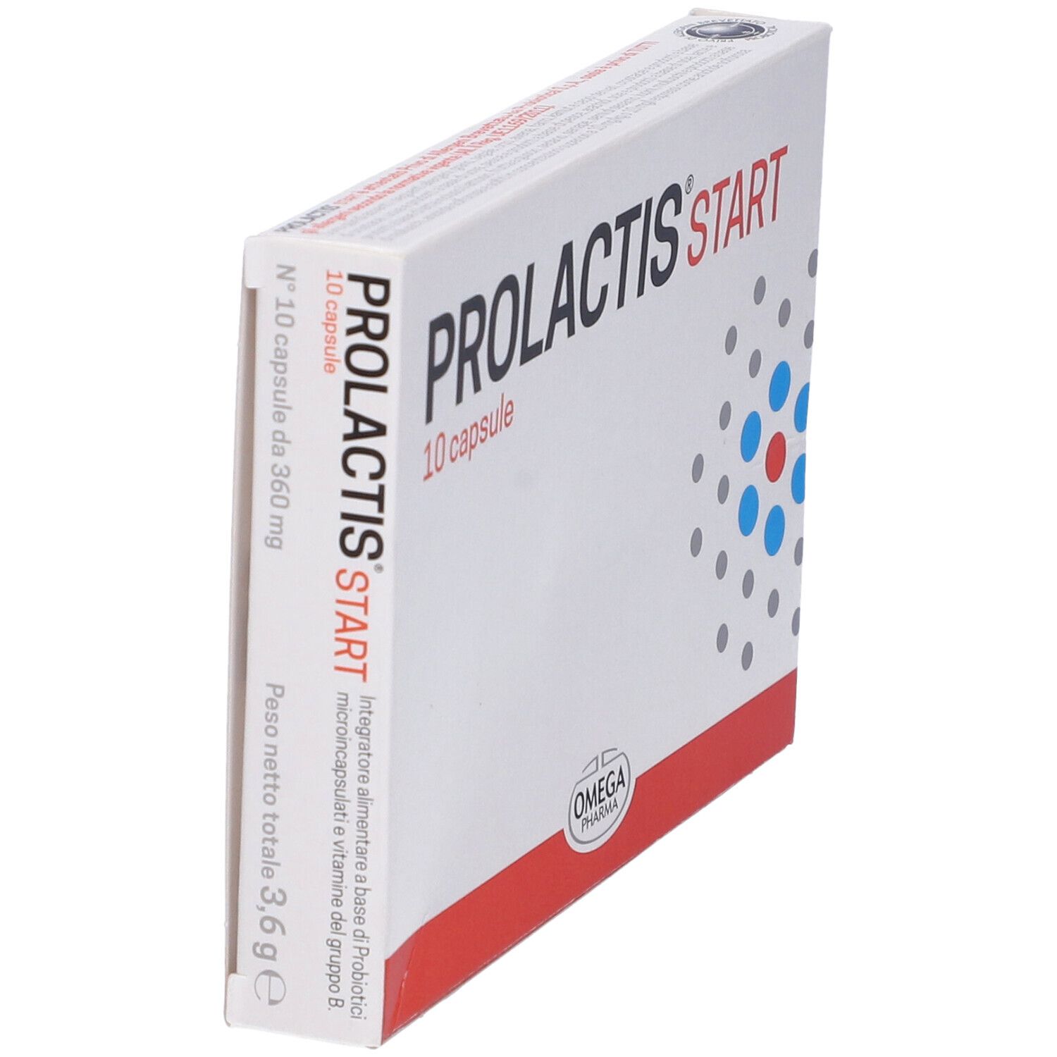 Vista laterale della confezione PROLACTIS start. Contiene 10 capsule. Logo Omega Pharma. Design rosso e blu.