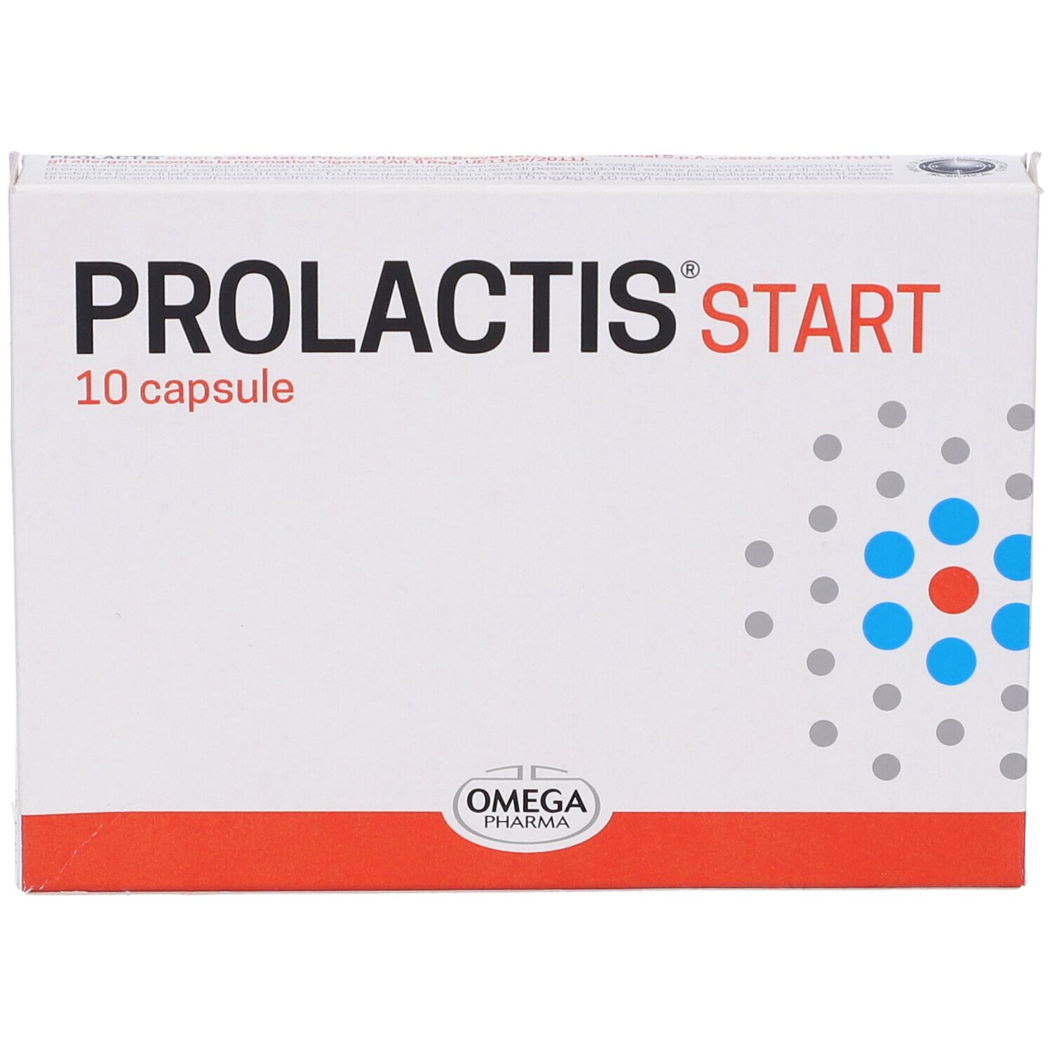 Confezione PROLACTIS start, 10 capsule. Design bianco, rosso e blu. Logo Omega Pharma.