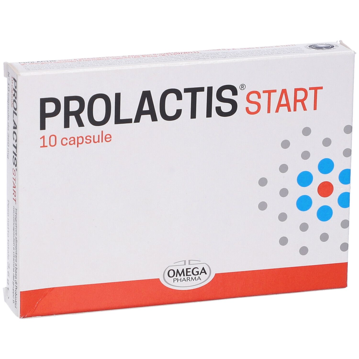 Confezione PROLACTIS start, 10 capsule. Design bianco, rosso e blu. Logo Omega Pharma.