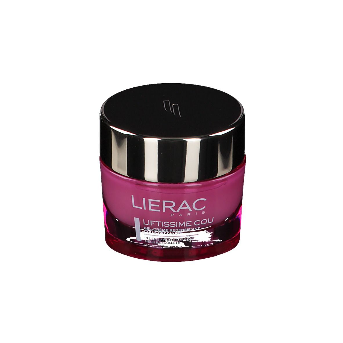 Crema rosa in vasetto rotondo con coperchio nero. Scritta LIERAC PARIS e LIFTISSIME COU.